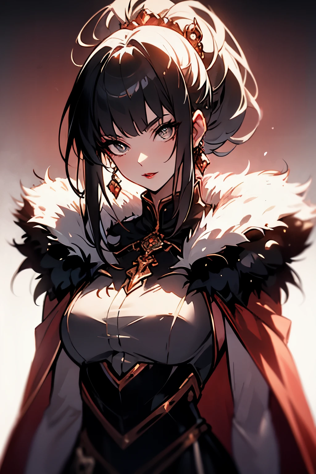 a princess in a red gold and black ball gown, going from neck to feet, with full skirt, a long fur cape, hair curled in a high ponytail, red lips, blue eyes, detailed eyes and lips