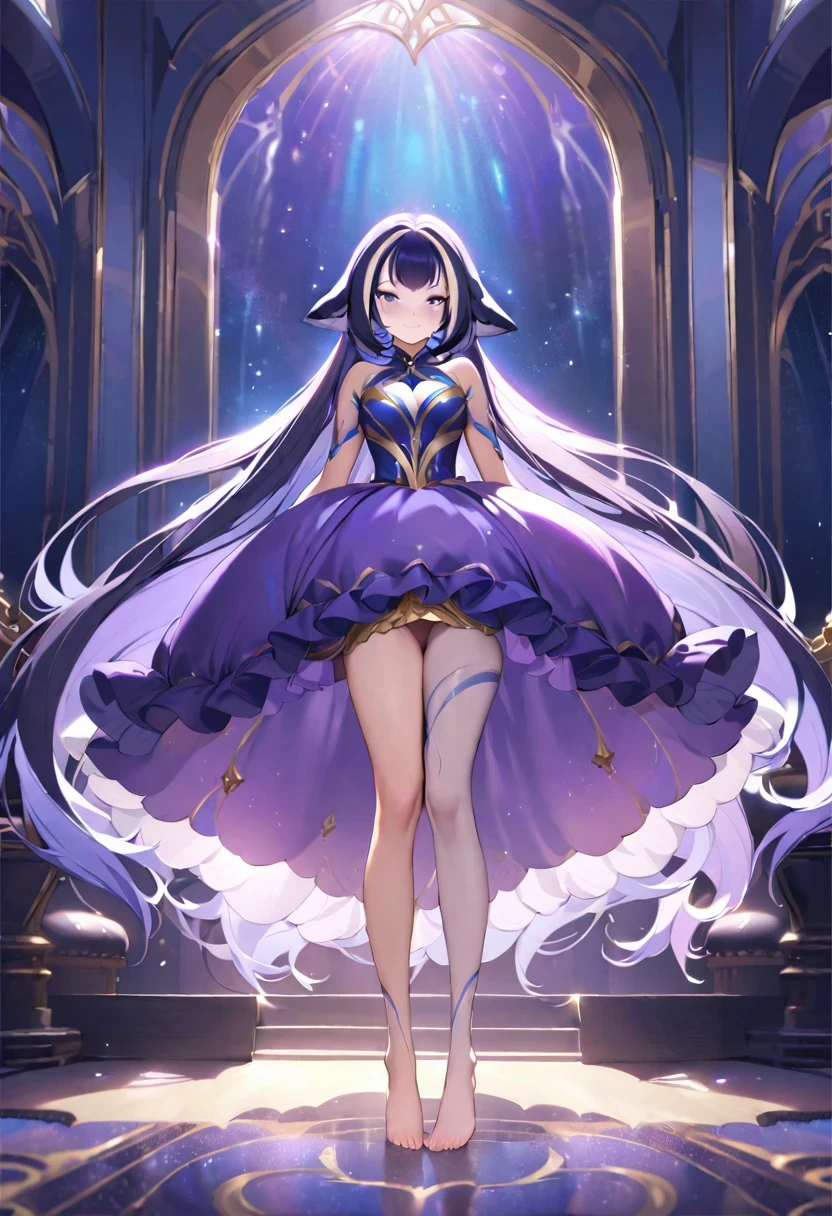 (shylily/(Twich/):1.5),(masterpiece:1.2),(best quality:1.2),, (1girl:1.3),Ultra-realistic photo of a girl in a majestic purple and golden black ball gown dress,big beautiful dress, Intricate billowing ball gown with lots of ruffles and rhinestones, muste piece, art station, fantasy art:1.2), palace room, beautiful cute girl, (long hair:1.1), (intricate short gold skirt, barefoot:1.2, full body shot)