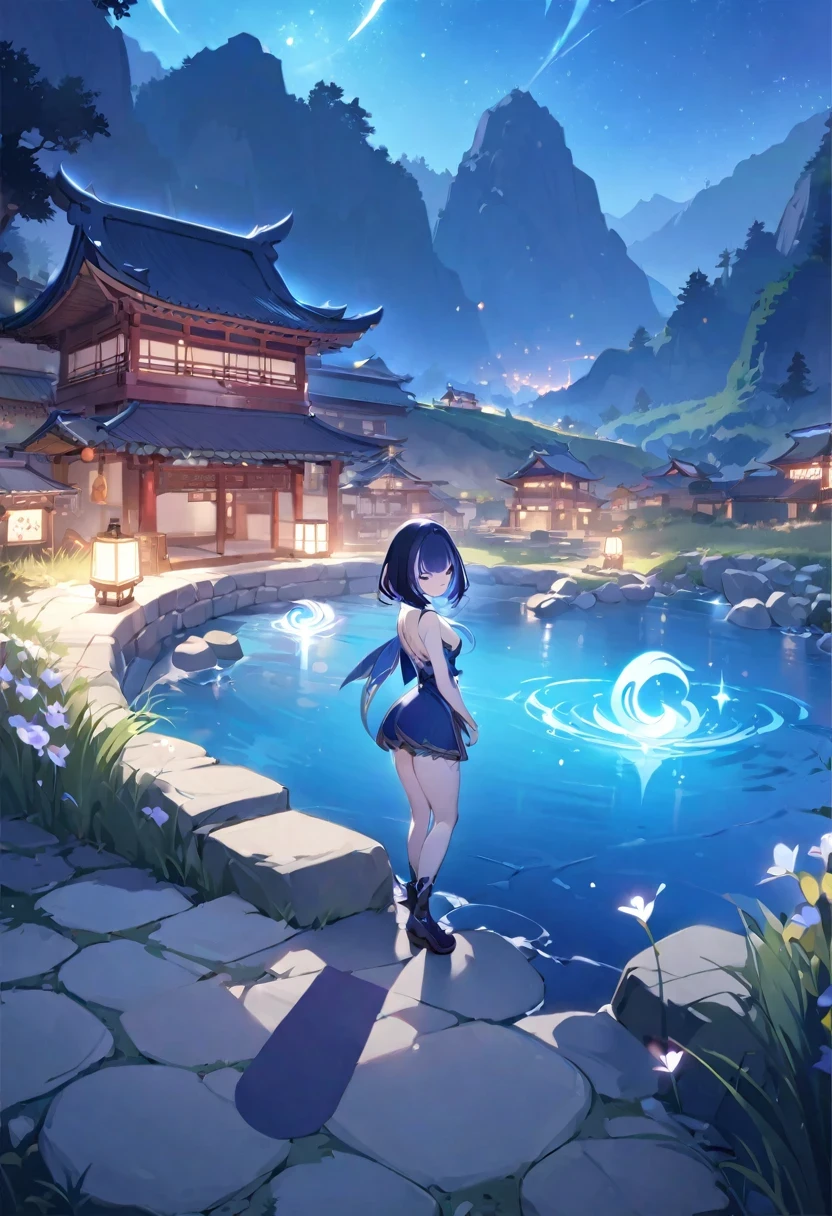 ((shylily/(Twich/))),(masterpiece:1.2),(best quality:1.2),, (1girl:1.3),Masterpiece, best quality, (very detailed CG unity 8k wallpaper), (best quality), (best illustration), (best shadows), luminous sprite, mountain stream, (ancient Chinese architecture), Night Mysterious field, beautiful night grassland, stone steps, stone bridge, night nature surrounded by night flowers