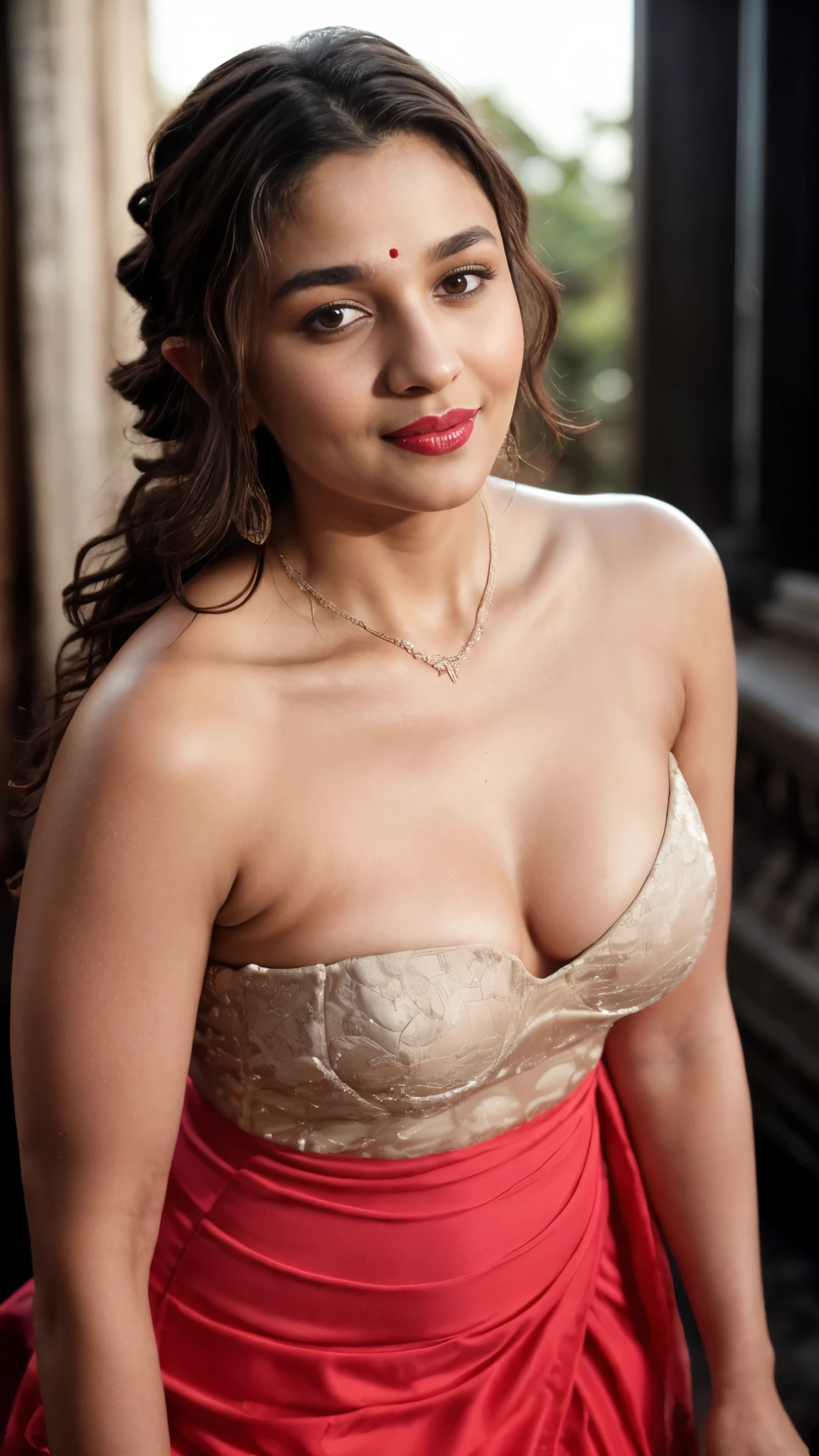 night scene, extreme close up photo of naked albh, curvy, hourglass figure, swooping breasts, deep cleavage, standing in temple in ugadi celebrations, French braid hair, necklace, strapless lace dress, sultry, seductive eyes, red lips, look at viewer and smile, (cinematic:1.3), intricate details, (ArtStation:1.2)