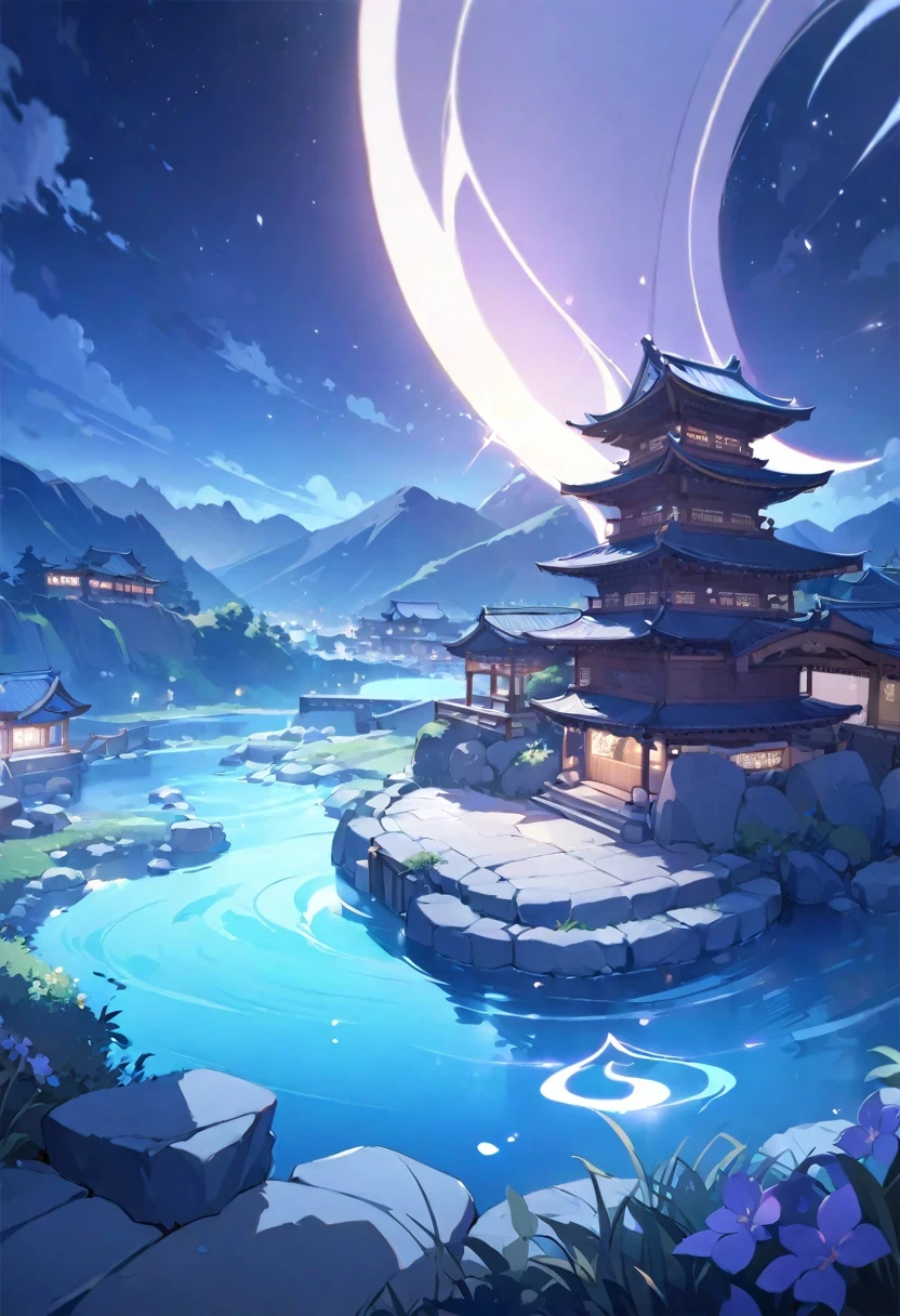 ((shylily/(Twich/))),(masterpiece:1.2),(best quality:1.2),, (1girl:1.3),Masterpiece, best quality, (very detailed CG unity 8k wallpaper), (best quality), (best illustration), (best shadows), luminous sprite, mountain stream, (ancient Chinese architecture), Night Mysterious field, beautiful night grassland, stone steps, stone bridge, night nature surrounded by night flowers