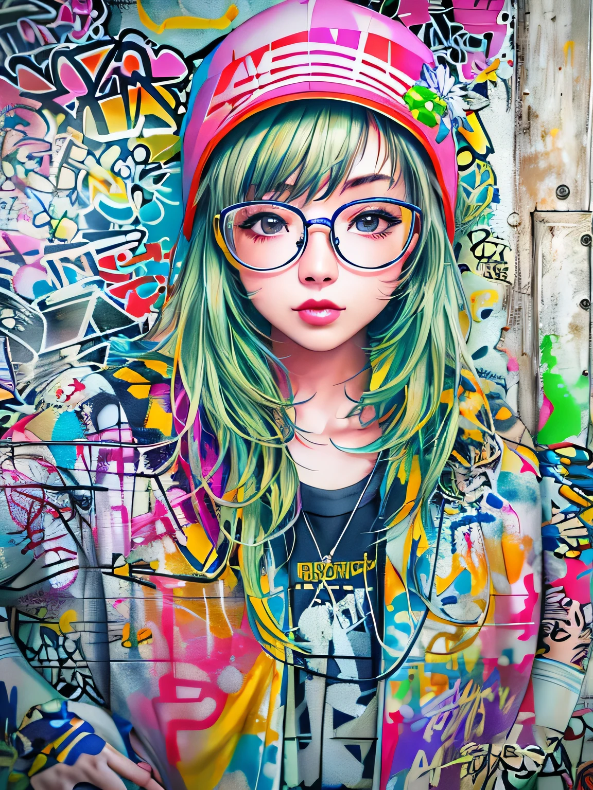 8K quality, watercolor painting, stylish design, (((The strongest beautiful girl of all time))), (((Japanese))、Idol、clear, stylish glasses, Fashionable hats, (((highest quality))), bob hair, Place your hands on the wall, HDR, ((Detailed details)), stylish fashion, detailed clothing texture, (((graffiti art))), colorful hair, ((masterpiece))、((Super detailed))、colorful flowers