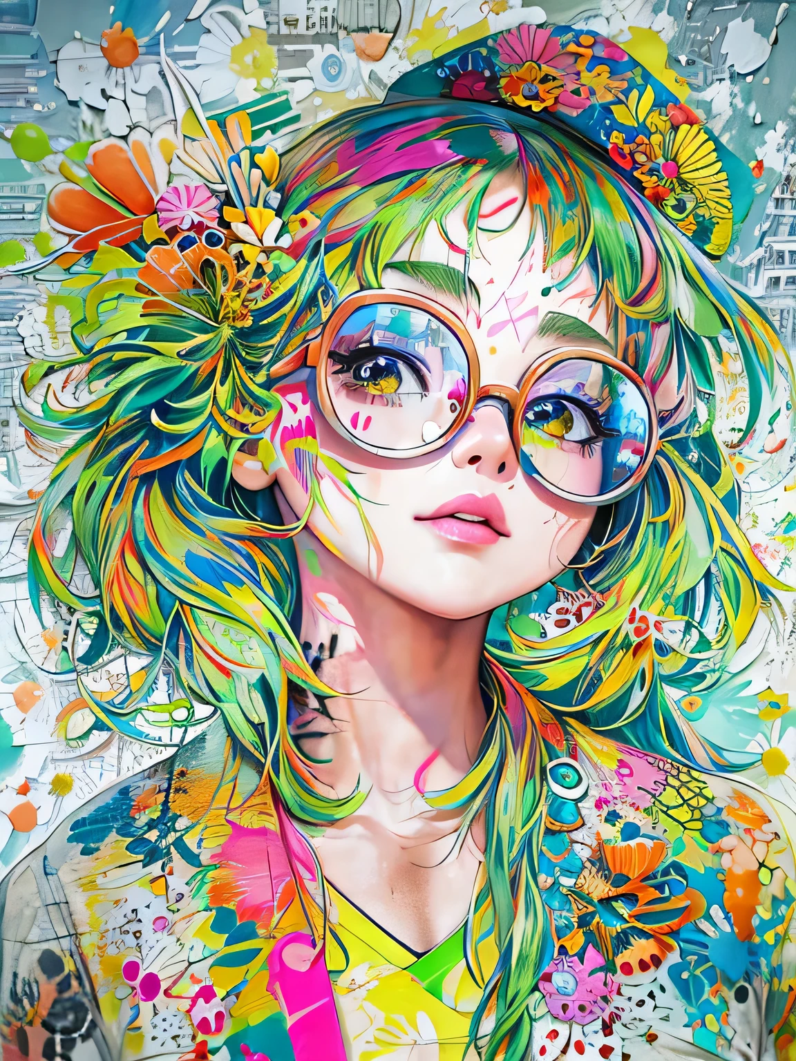 Takashi Murakami style、8K quality, watercolor painting, stylish design, (((The strongest beautiful girl of all time))), (((Japanese)))、Idol、Yuriko Yoshitaka、clear, stylish glasses, Fashionable hats, (((highest quality))), bob hair, Place your hands on the wall, HDR, ((Detailed details)), stylish fashion, detailed clothing texture, (((graffiti art))), colorful hair, ((masterpiece))、((Super detailed))、colorful flowers