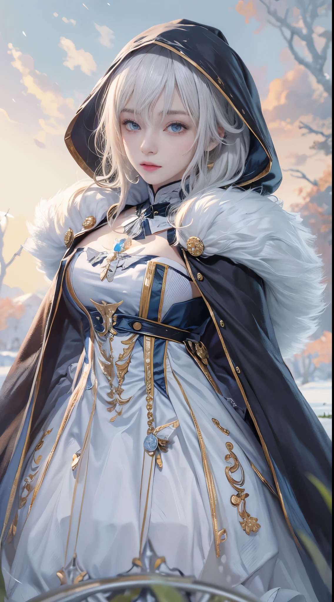 realisticlying, A high resolution, 1 Women, Alone, hip-up,(ta costume)， pretty eyes, White hair, eye socket, (Sat down，Cloak，snow field)，((lifting her skirt，))，jeanrnd，
