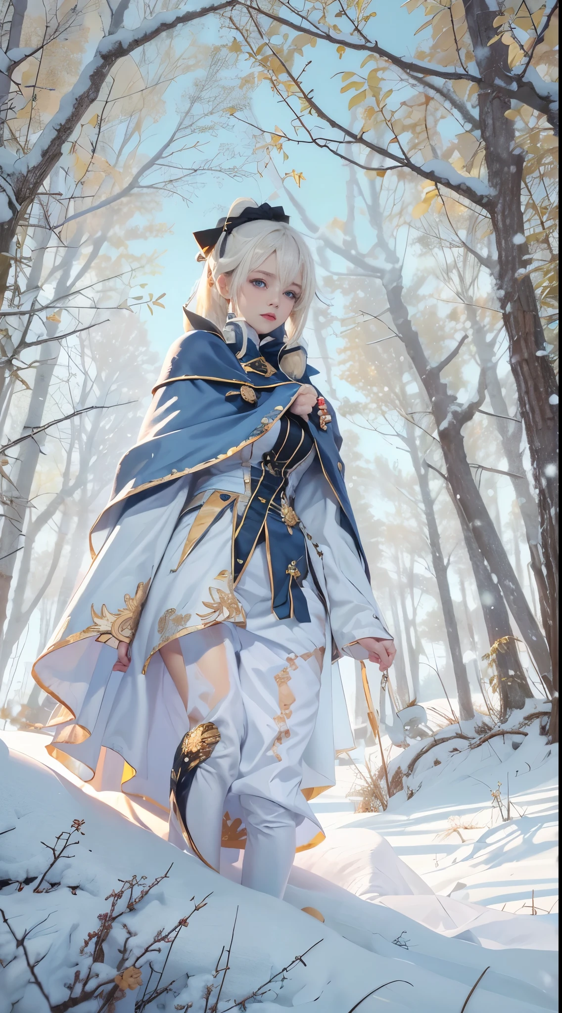realisticlying, A high resolution, 1 Women, Alone, hip-up,(ta costume)， pretty eyes, White hair, eye socket, (Sat down，Cloak，snow field)，((lifting her skirt，))，jeanrnd，
