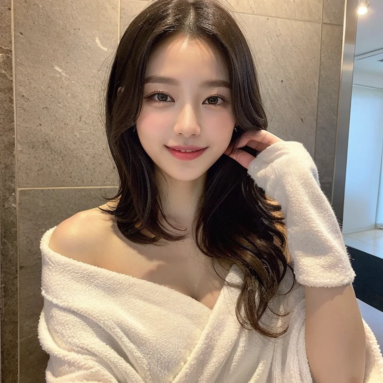 ((Masterpiece)), ((highest quality)), ((Genuine)), ((8k)), 1 girl, bath towel,wrap around the body、 Japanese, 24-years-old, so beautiful, Pathetic, model, whole body, thin, model, ソニー一眼レフphotograph, Blonde, Long Hair, short hair, Looking at the camera,smile, background Genuineistic, Europe, art, photograph,