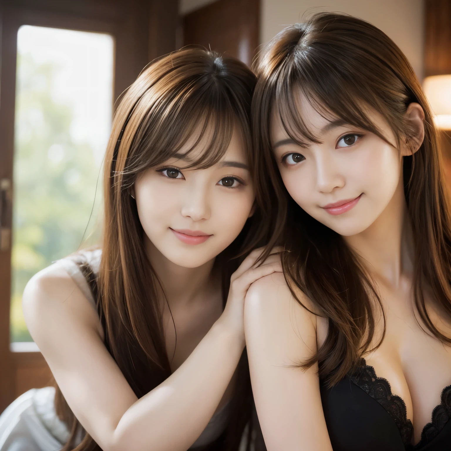 (2girl:1.3), gorgeous beautiful & elegant, (beautiful portrait of two women:1.25), (best quality, masterpiece:1.2), (photorealistic:1.2), 16K, absurdres, beautiful eyes, (light brown hair, asymmetrical hair, asymmetrical bangs, messy hair), full round face, (hug each other:1.2), (seductive smile:1.2), (dynamic lighting), (upper body), highly detailed, (close-up:1.1), Attractive 2 Japanese woman Pictures, 