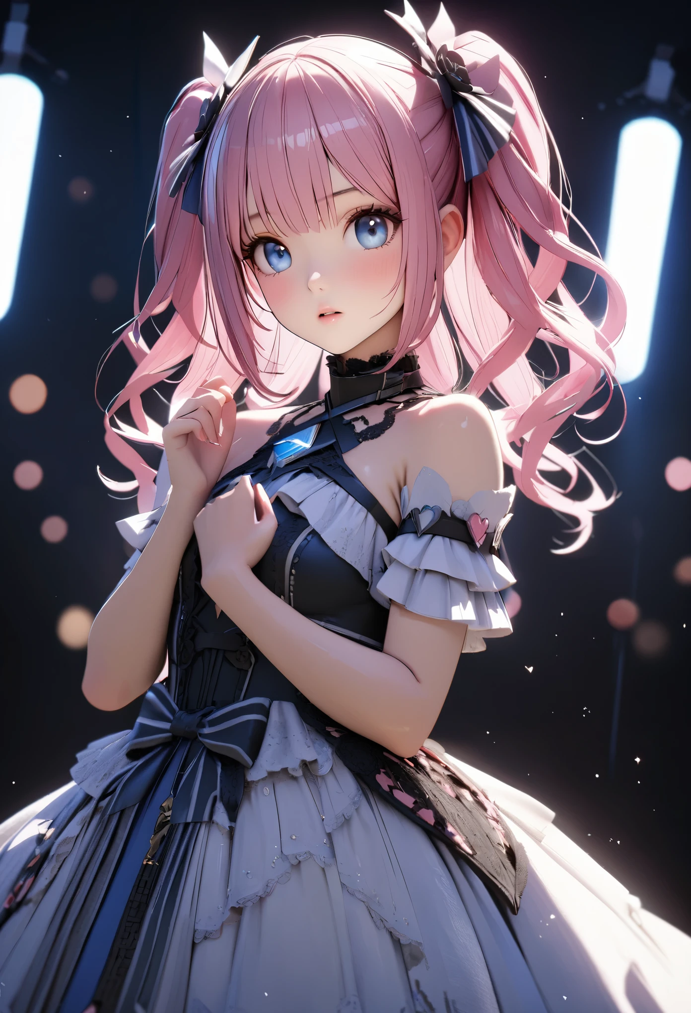 One Girl、Looking at the audience、
Beautiful Blue Eyes、Pink hair in twin tailole under the eye、Plump and glossy lips、Heart-shaped choka、Idol、ー、。.。.。.。.。.。.。.。.。.。.。.。.。.。.。.。.。.。.3D、Realistic、
Princess dress with too many frills、Draped clothing、gem、Decorations have been removed、Floral、Lace trim、
masterpiece、highest quality、8k、Detailed skin texture、Detailed cloth texture、Beautifully detailed face、Intricate details、Ultra-detailed、
Rim Light、Side lighting、Cinematic light、超A high resolution、8k UHD、Film Grain、Best Shadow、Delicate、Staring at the audience、Positive