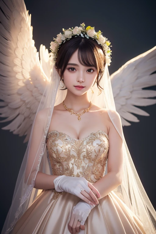 Superb Quality, Masterpiece, High Resolution, 1Girl, Blush, (Seductive Smile: 0.8), Star Pupil, brown eye, normal , perfect body shape ratio, bare face, body goals girl, ideal girl, perfect girl, she's my girlfriend、full body Esbian、perfect anatomy, detailed anatomy, A dark-haired, cute bangs, long straight dark hair, sweet smile, stunning face, good girl, hijabi girl, idol, key of visual, gorgeous face, elegant diamond necklace, perfect necklace, sweetheart, white hijab, perfect hijab, bright veil, perfect veil, elegant veil, radiant dress, long sleeved dress, full body covered by dress, a flower crown above her head((flower crown:2,4)), detailed flower crown, perfect dress, detailed dress, heavy, elegant gloves covered by gold 24 carat, front view, full body looks, a pair of angel's wings, beautiful wings, perfect wings, detailed wings, perfect camera, HD quality, high picture quality、ruined sand city background, 8K UHD, DSLR, Soft Light, High Quality, Volume Lighting, High Resolution, 4K, 8K, Background Bokeh