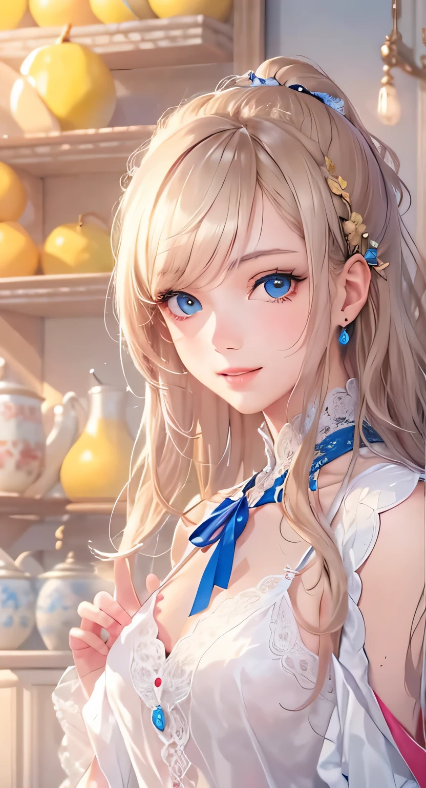 ((highest quality)), ((masterpiece)), (Get used to it), Perfect Face , masterpiece、highest quality、High resolution、High-quality images、8k, 1 female、Skin Radiance、Texture of skin and clothing、Expression of fine eyes、Shiny bright golden hair,Girl with long braided hair, Manga inspired by Lee Jong-suk, Trending on deviantart, realism, detailed manga style, Manga art style, Perfect Line Drawing, Beautiful line art, digital manga art girl, K-POPアイドル, Beautiful Blue Eyes, Lips become thicker, Gorgeous face with attention to detail, (Cute Smile), charm, Innocent, Side view, (Perfectly detailed face), (Beautiful Hands) Photorealistic images, Written boundary depth, 20th Generation ,beautiful girl , lemon , Lace dress , Medium Chest , protruding shoulders , I can see her cleavage , lemon , There are lots of lemons in the background ,