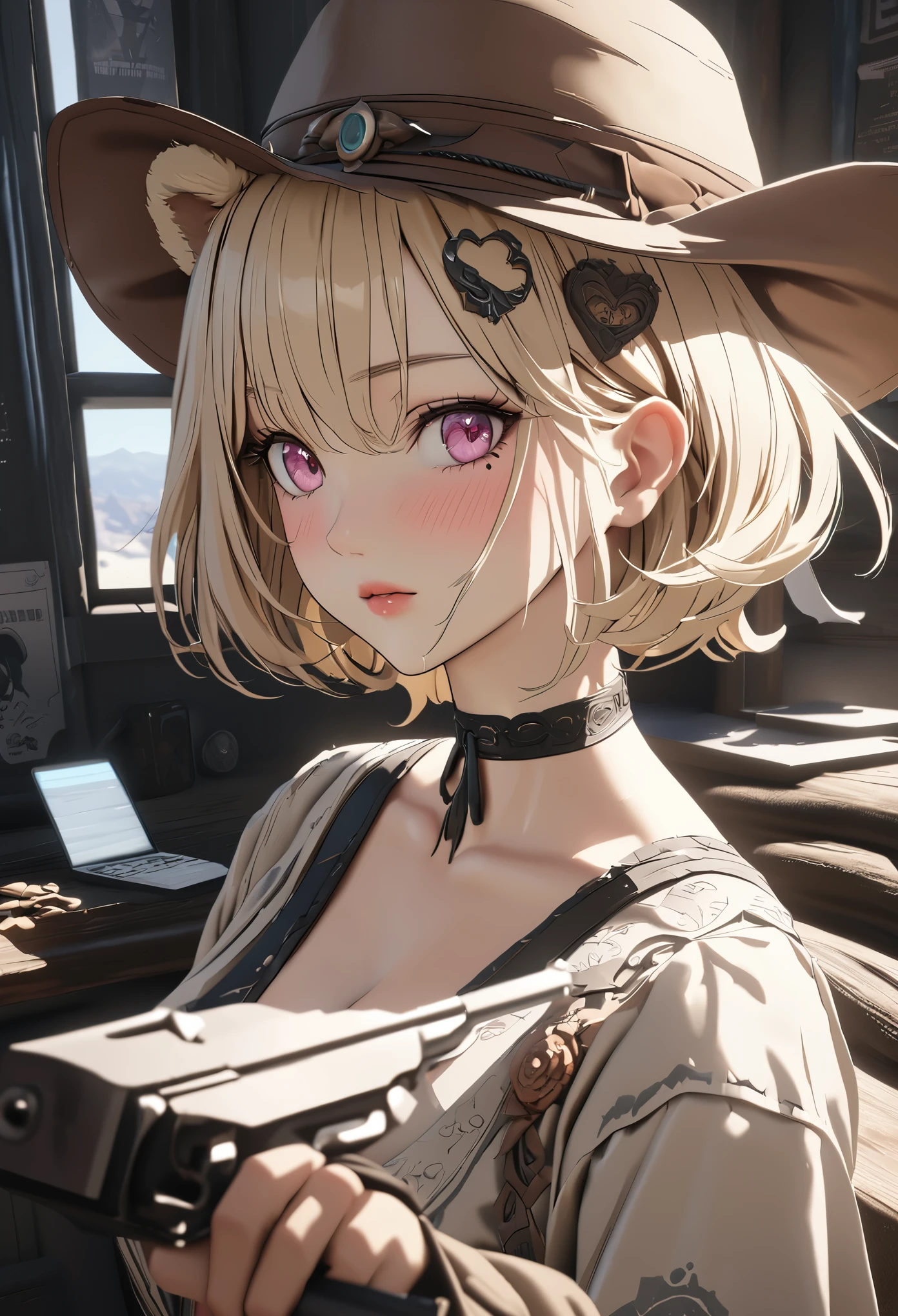 masterpiece,highest quality, Very detailed, High resolution, expensive resolution, High resolution, 4K, 8k, unity 8k wallpaper, Very detailed CG, masterpiece, Photorealistic, 2D, 3D, Beautiful details, depth, Fine texture , Super quality: 1.3, Fully focused, Crispy.skin, .he,
Very cute anime girl 、Desolate wilderness、Cowboy Styleの衣装、Cowboy hat、Cowboy boots、Pistol、mexican wilderness、duel、Pistolを持って立っている、Blonde Short Hair wearing expensive , One Girl、alone, Blonde Short Hair, Animal ears, Bear ears, Cowboy Style、Cowboy hat、Pistol、duel、Cowboy boots、computer、disk、Mole under the eye, looking at the viewer , expensive , blush, Mole, Bear ears, Lips parted, hair ornaments, heart, Pink Eyes, choker