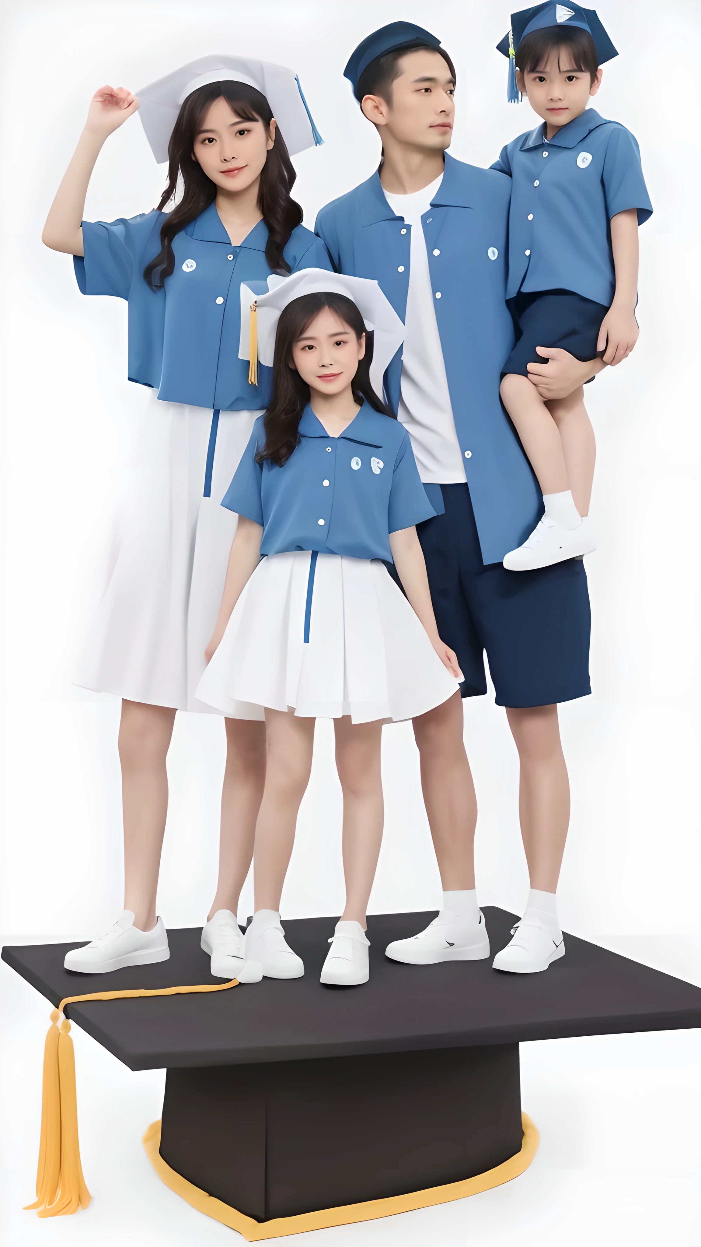 Best quality,highest resolution,The finest details,8K resolution,Studio Photography,Real photo,Realistic,A couple standing on top of graduation caps,photo,a man and a woman,Man holding his son,Family of 4,blue clothes, Casual Modern Clothing, Perfect Android Girl, Casual clothing style, happy, modern casual clothing, Wear casual clothing, Realistic Clothing, blue, unified background, uniform plain sky, Fashion Clothing, intertwined full body view, Medium Polyester, blue, picture,Transparent Background