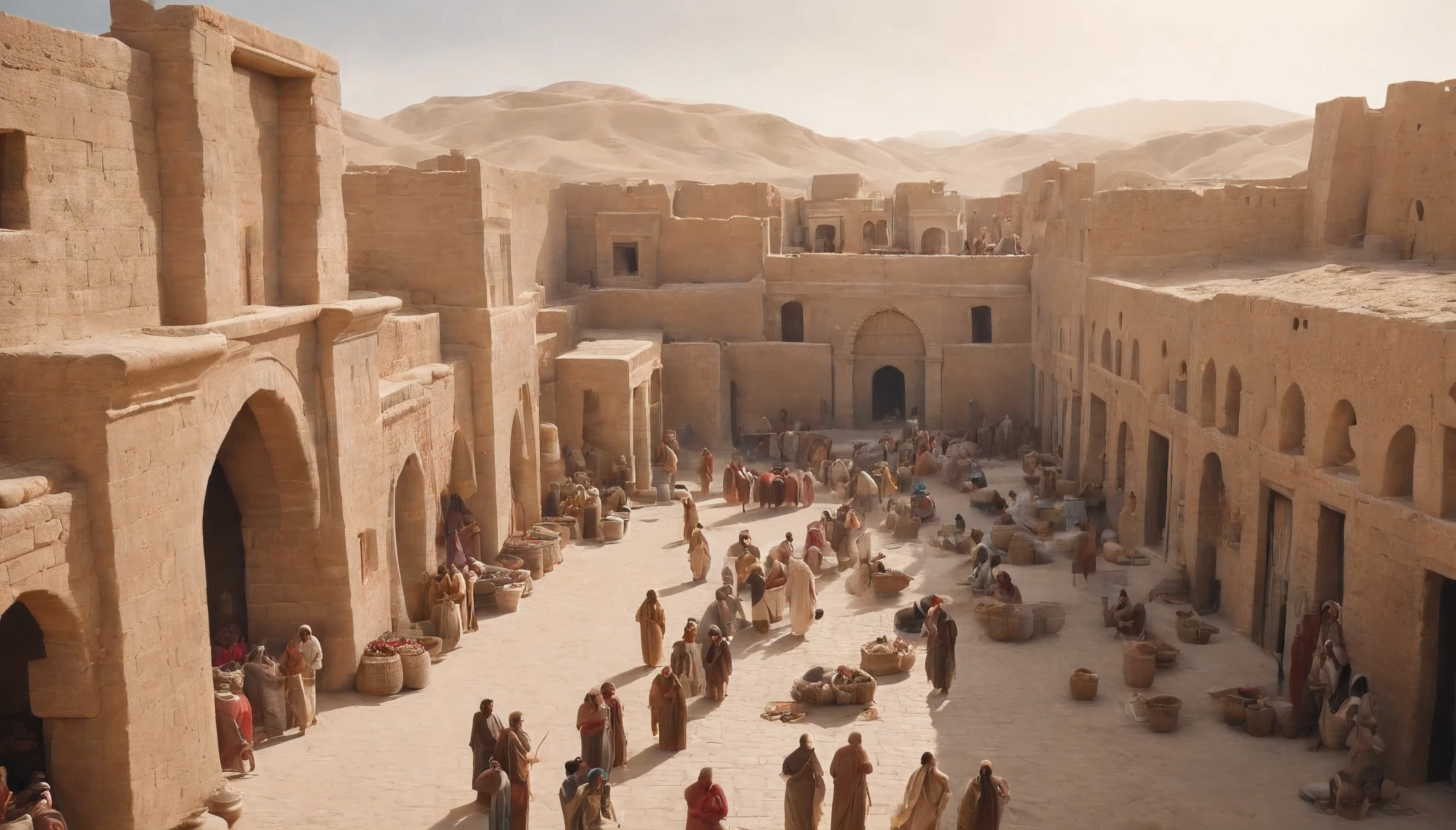 Visualize an ancient scene depicting the start of human civilization. The image shows a bustling ancient market in Mesopotamia, with clay brick buildings, merchants selling colorful fabrics, and people of various ethnicities bartering goods. A river flows gently in the background, symbolizing the Tigris and Euphrates rivers, with lush greenery surrounding the marketplace, A breathtaking, cinematic 8k Illustration.