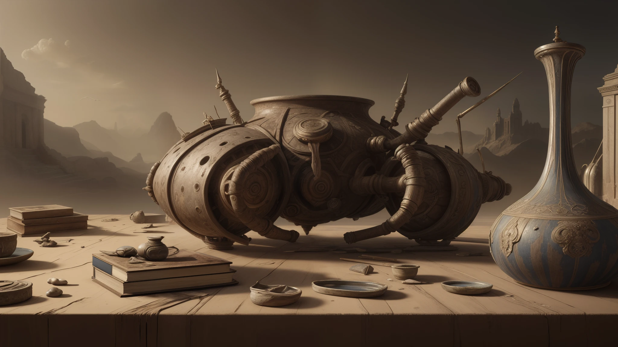 there is a vase, a book, and a vase on a table, still life photography, surreal object photography, by Alexander Kucharsky, ancient sci - fi elements, intricate and epic composition, 3 d render and matte painting, surrealism 8k, epic surrealism 8k oil painting, by John Alexander, alchemical still made from clay, found objects