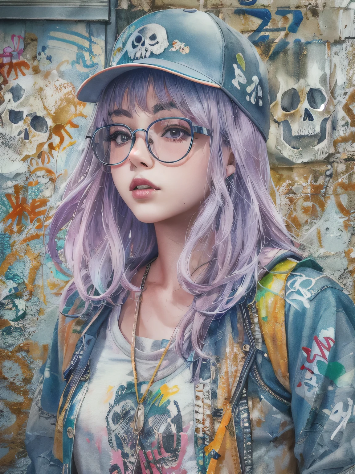 8K quality, watercolor painting, stylish design, (((The strongest beautiful girl of all time))), (((Japanese)))、Idol、clear, stylish glasses, Fashionable hats, (((highest quality))), bob hair, put your hand on the wall, HDR, ((Detailed details)), (((skull fashion))), detailed clothing texture, (((graffiti art))), colorful hair, ((masterpiece))、((Super detailed))