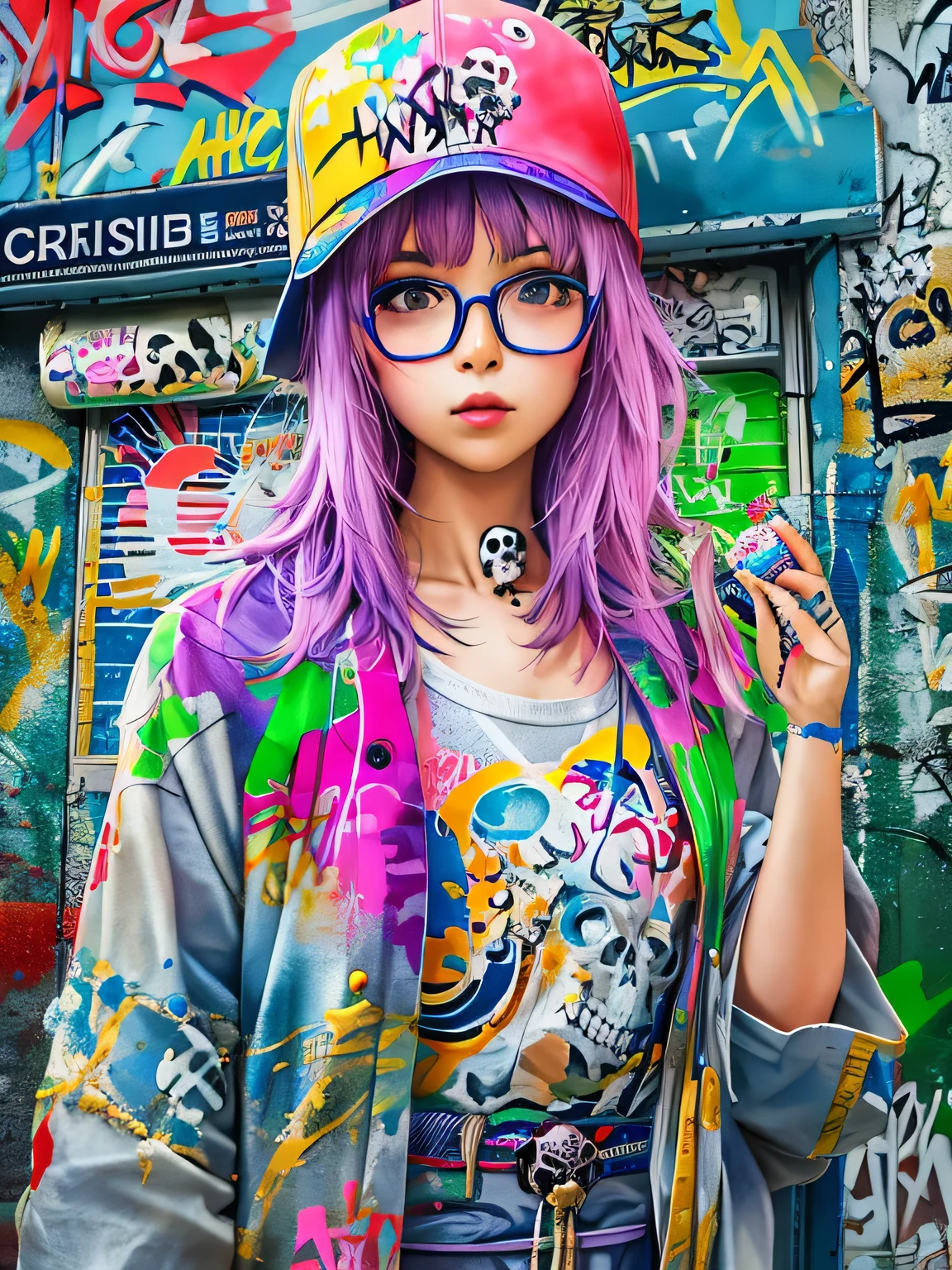 8K quality, watercolor painting, stylish design, (((The strongest beautiful girl of all time))), (((Japanese)))、Idol、clear, stylish glasses, Fashionable hats, (((highest quality))), bob hair, put your hand on the wall, HDR, ((Detailed details)), (((skull fashion))), detailed clothing texture, (((graffiti art))), colorful hair, ((masterpiece))、((Super detailed))