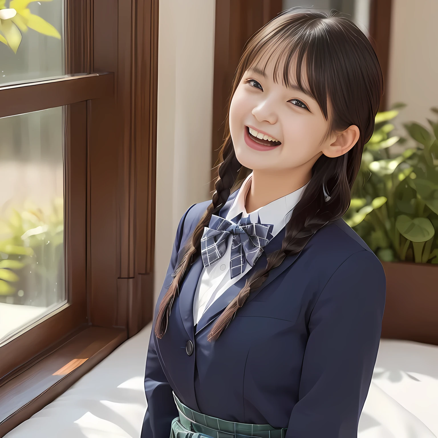 (highest quality、masterpiece:1.2)、highest quality、Realistic、photograph、High resolution、1080p、8K、Fair skin, especially face, Physical Rendering、((Height: 160cm)), one Japanese girl、((((((18 year old Japanese fashion model)))))), school summer uniform, ((((A beautiful woman in a deep window turns to the side and looks at the viewer.)))), (((big very detailed beautiful dark brown eyes))), ((((impressive plain navy large school ribbon bow tie)))), ((((black very beautiful and very very long braids)))), ((((deep blue colored tartan checkered formal long pleated pleated skirt)))), ((A unpatterned formal dark blue blazer in solid that is slightly oversized and has an emblem on the left chest.)), (((((((laughing at me!))))))), Mouth open, detailed fingers, ((curled bangs)), ((Very large and beautiful eyes of Japanese girls, drawn with great care and attention to detail)), double eyelids, Thin eyebrows, ((drooping eyes)), (((very long eyelashes))), ((cute lovely lovely laughing laughing cheeks)), ((Pure white light hits her face from above and in the front, making her skin and eyes shine beautifully.)), ((Strong light hits the nose and cheeks、It brings out the richness of the expression.)), (((((Her facial features are very expressive lovely smile, very very pure, very very intelligent.))))), ((((On the bed)))), (((Shooting from the side)))