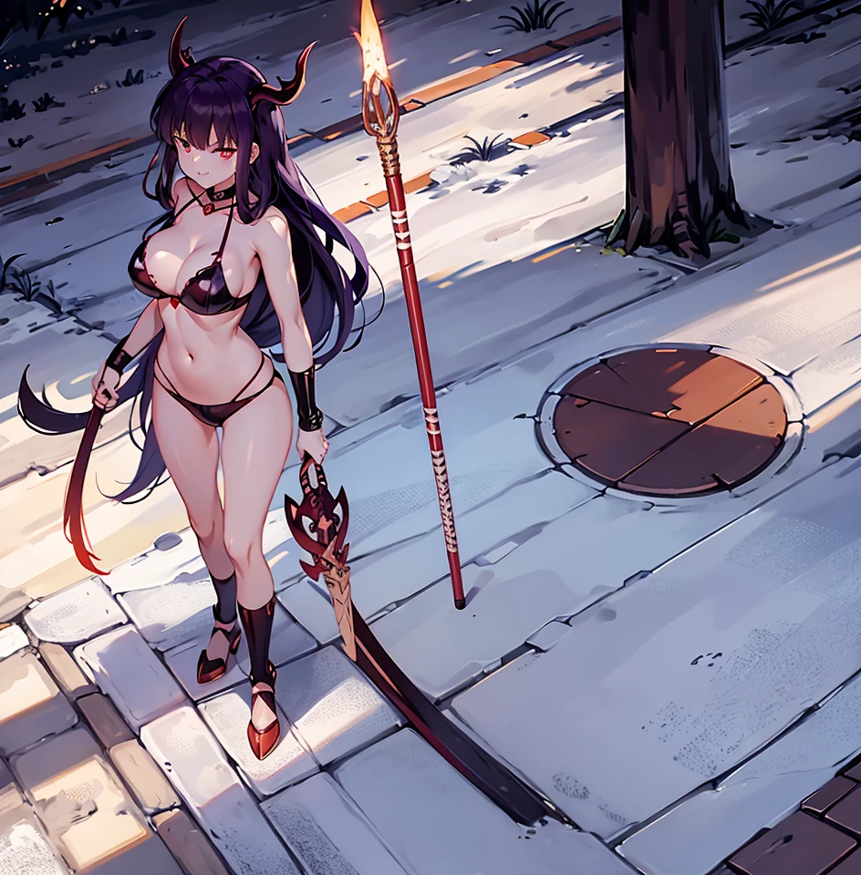 Wear only latex bras and latex triangle underwear, Showing cleavage,Outline the nipples and genitals,Nipple protrusion,Evil Smile,Enchantment,Banshee,Fingers like sharp claws,,There are two red horns on the head,Dark purple long hair,Purple Eye,Squint your eyes slightly,There is a charming light in the eyes,Large Breasts,Hips,Red eyeliner,Navel,garters,Beautiful curves,Purple Heart Emblem on the Crotch,Red heart-shaped emblem on hip,holding a long spear,Walking on the streets of cyberpunk,panoramic,Front view,8k,best quality