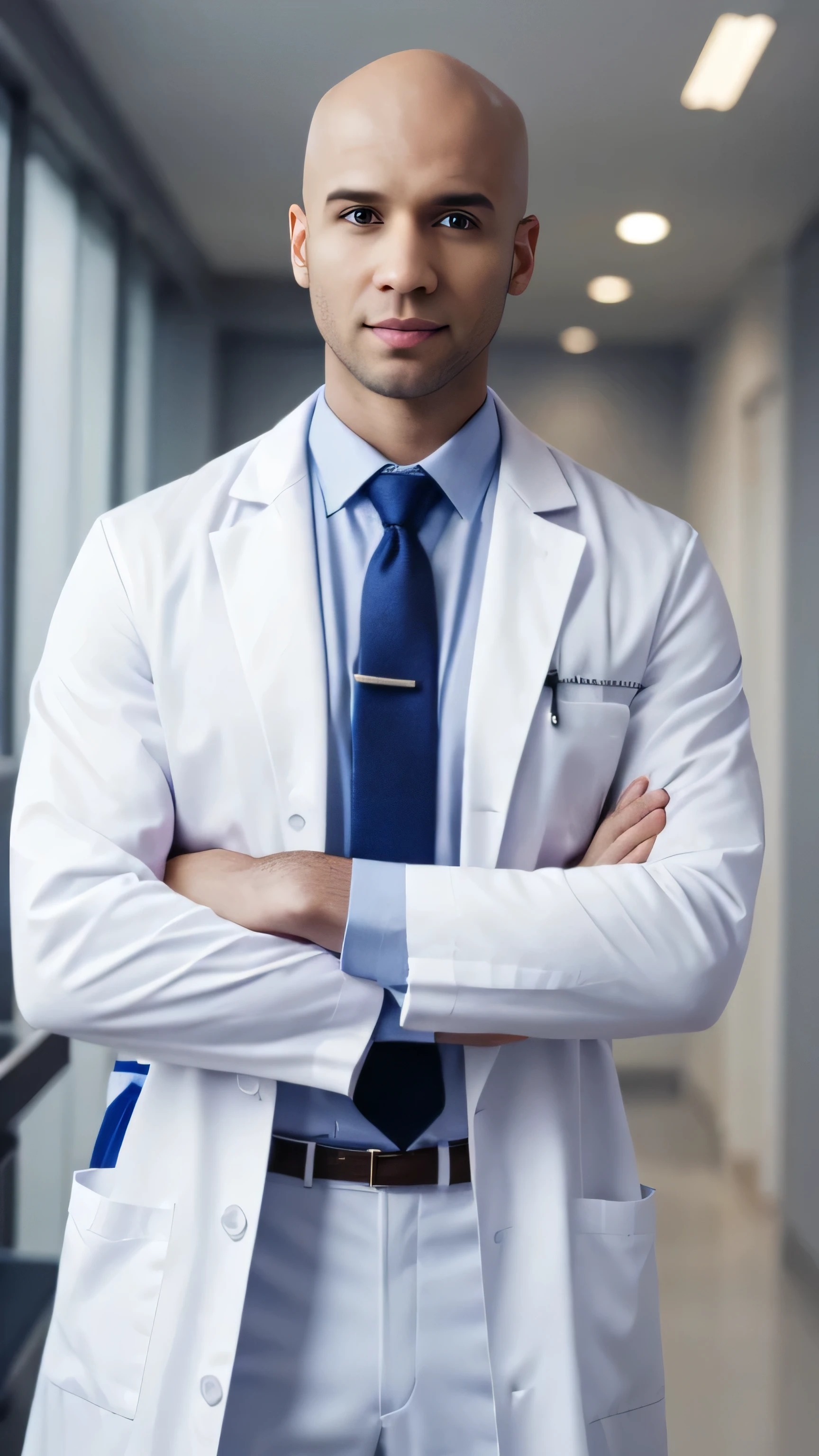 doctor in a white coat and tie male doctor wearing a white coat, healthcare professional, bald afro with no hair and arms crossed at the waist