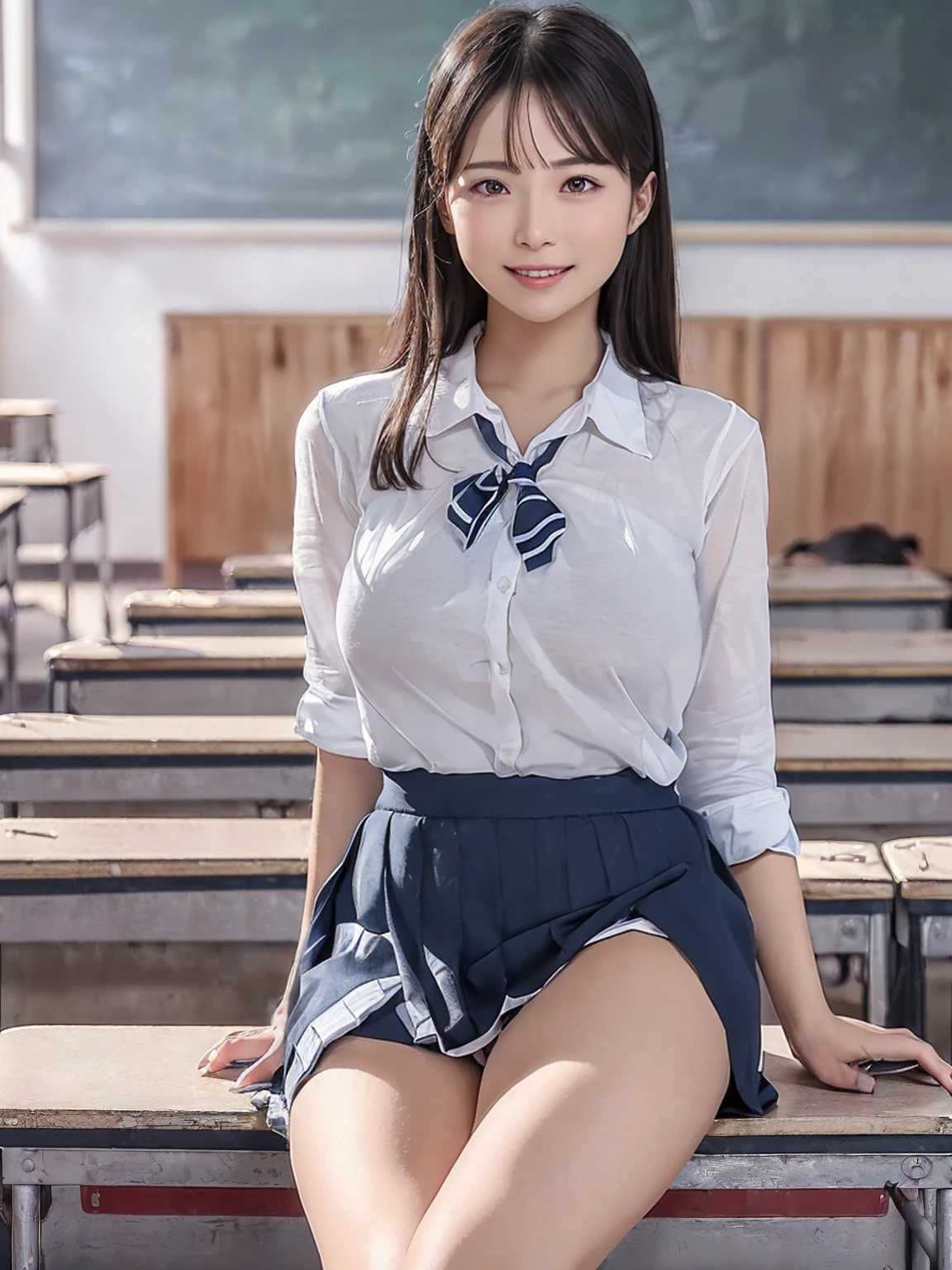 (8K,RAW Photos,highest quality,masterpiece:1.5),(Watching the audience:1.5),smile,Black Hair,(live-action:1.5),(Realistic expression:1.5),(middle School girls:1.5),(School uniform:1.5),(The background is an empty classroom:1.5),(Young face:1.4),(Big Breasts:1.5),Showing beautiful teeth,(She lifts her skirt to show off her vagina:1.5),legs spread wide apart