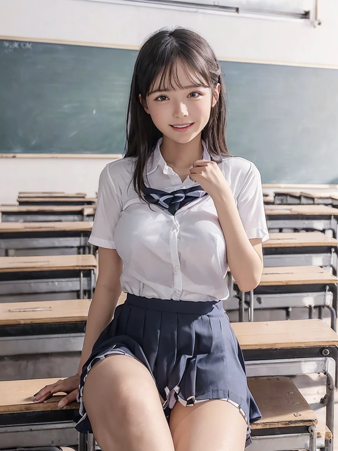 (8K,RAW Photos,highest quality,masterpiece:1.5),(Watching the audience:1.5),smile,Black Hair,(live-action:1.5),(Realistic expression:1.5),(middle School girls:1.5),(School uniform:1.5),(The background is an empty classroom:1.5),(Young face:1.4),(Big Breasts:1.5),Showing beautiful teeth,(She lifts her skirt to show off her vagina:1.5),legs spread wide apart