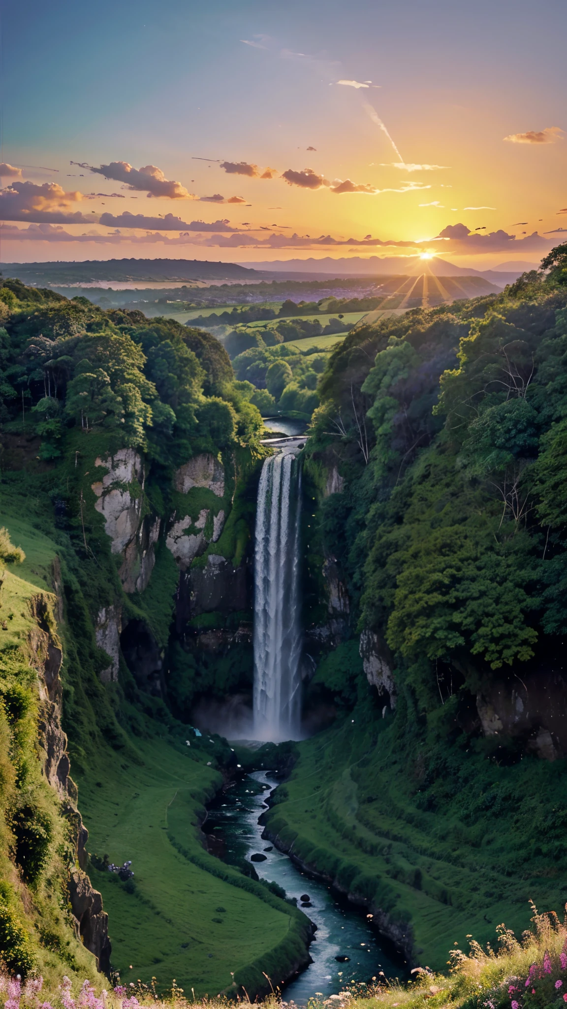 a breathtaking landscape featuring a tall, majestic waterfall cascading down a lush green cliff, with a vibrant sunset painting the sky in hues of purple, pink, and orange. A winding path through green fields leading towards the waterfall should also be included.
