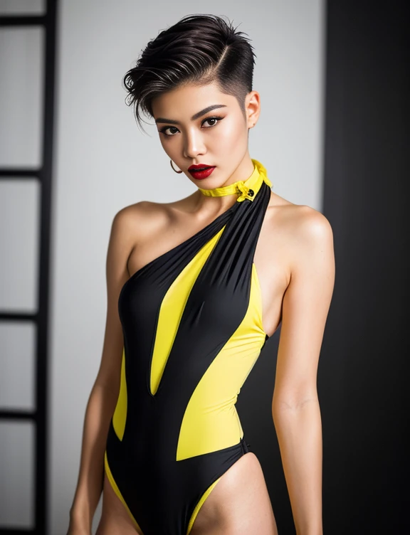 A beautiful Korean woman, (punky shaved sides sexy long fully white faded shave sides hair && right parting shaved sides very long hair && left section of hair is buzzcut shaved fade:1.5), (sexual high cut very narrow cut sling small sexy monokini with yellow Color parts and black furry Color part:1.5), (show thigh up),
ultra detailed, photorealistic, masterpiece,
(Proud pose), (black make-up and lipstick),
perfect fingers, UHD 8k, solo female, realistic image, high detail, photo quality, beautiful girl, best quality, ultra-detailed, masterpiece, finely detail, realistic skin texture, 85 mm art lens, f 1.2, sharp focus, 8 k high definition, insanely detailed, intricate