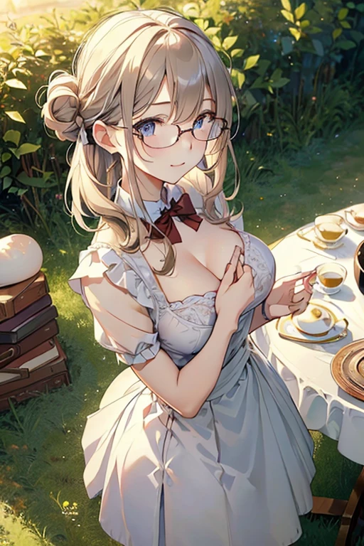 (best quality, masterpiece), (ultra high resolution, 8K RAW photo, photo realistics:1.5, textile shading, thin outline, clear focus:1.2), Beautuful Matured woman preparing tea-time in the garden, standing by the round table, (tea set, tea pot, tea cups, some cakes on dish), classy art deco style table, wearing light_brown maid uniform, breast cleavage, maid costume:1.2, long flare skirts, apron, bow ties on thechest, long tall sally, long legs, long white hair, (wearing thin-flame glasses:1.2), (milf:1.5, 28 years old, solo), (large breast, sagging breast, big tits, narrow waist), (medium short white hair, hair over one eye, (updo hair:1.2), side lock, asymmetric hair, wavy hair), (bright pupils, detailed eyes, high detailed face, Perfect face shape, eye rush), (seductitve smiling, half-closing eyes), (looking at viewers:1.3), (dynamic angle, full body, from above:1.2), ((correct anatomy:1.5, correct hands)), (ideal ratio of body proportions), (outdoor:1.2, grass field),