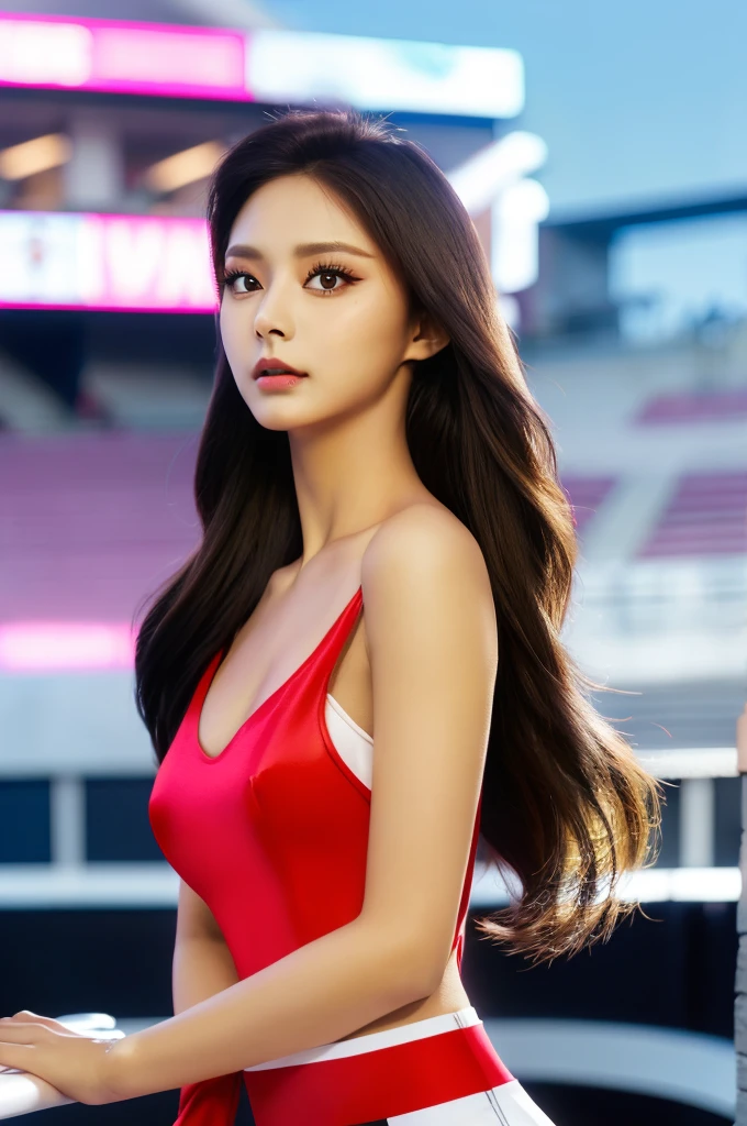 Tzuyu 1, woman, (Realistic), (Hyperrealism), (photoRealistic), Depth of written boundary, eye make up:0.7 (whole body:1.2), (Tight waist), Watching the audience,at the racing track, Race Queen, Sexy costume with open shoulders and chest