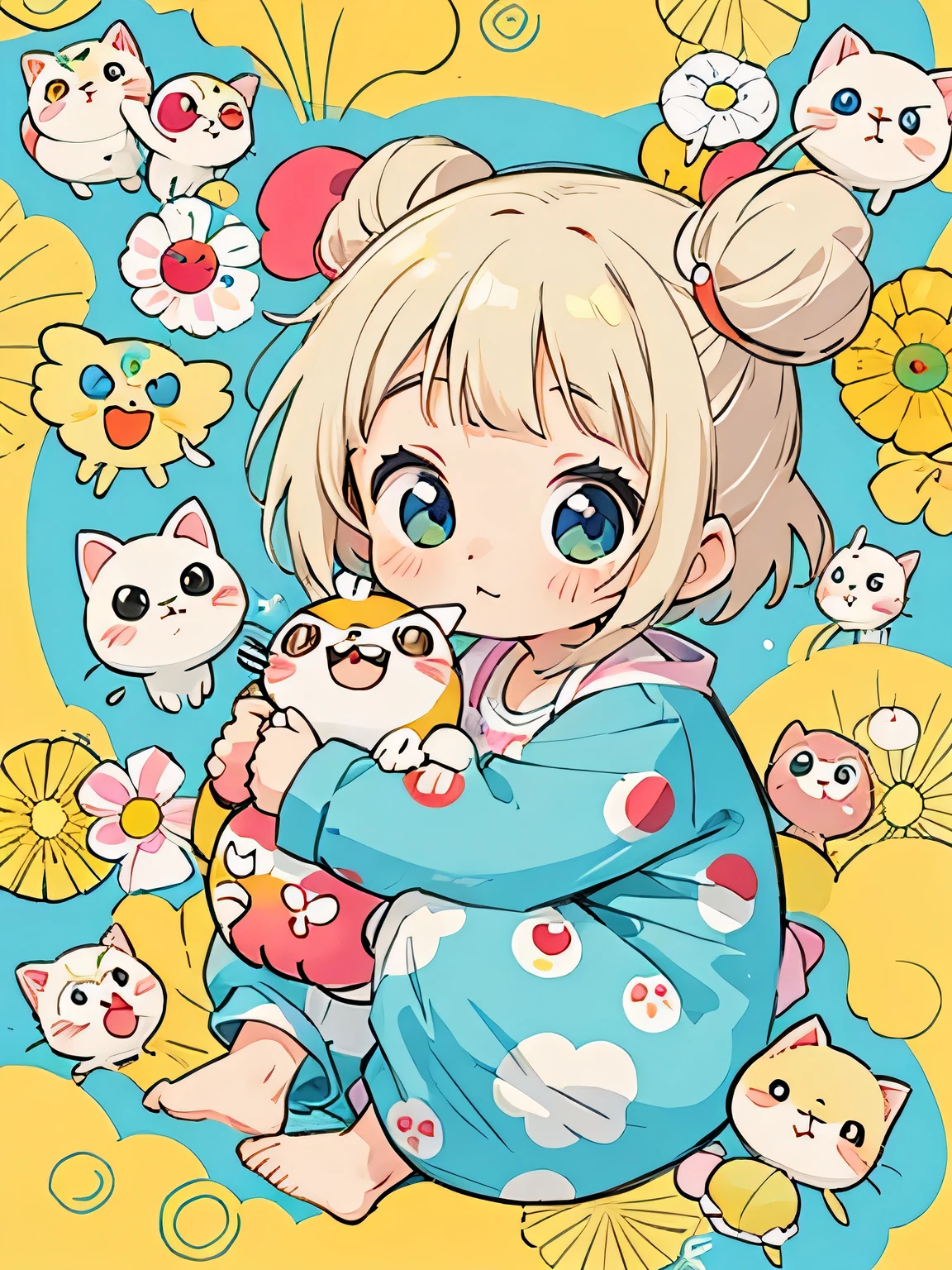 Takashi Murakami style, kawaii design, lovely baby kitten, Beautiful spring noon