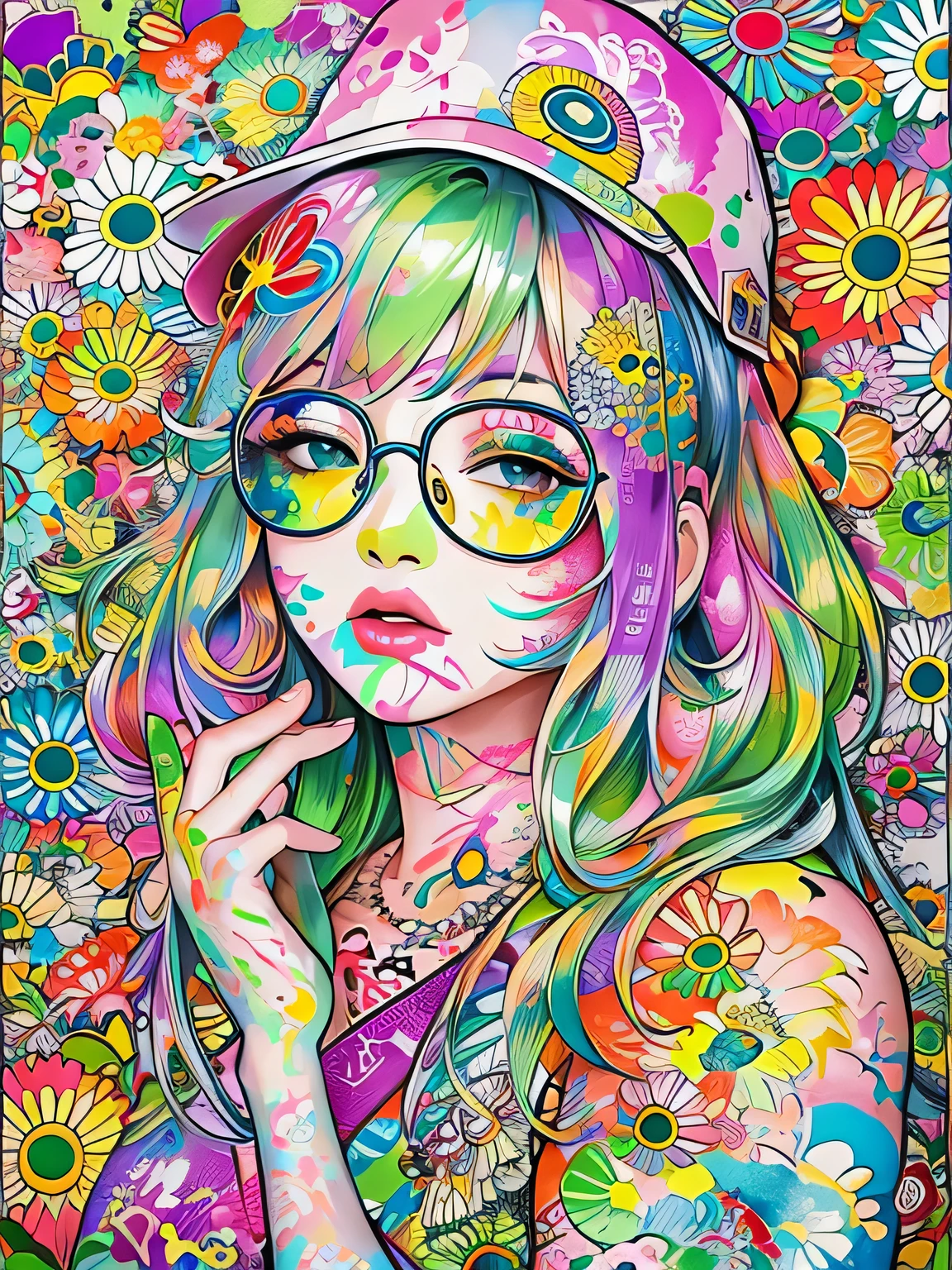 Takashi Murakami style、8K quality, watercolor painting, stylish design, (((The strongest beautiful girl of all time))), (((Japanese)))、Idol、Yuriko Yoshitaka、clear, stylish glasses, Fashionable hats, (((highest quality))), bob hair, Place your hands on the wall, HDR, ((Detailed details)), stylish fashion, detailed clothing texture, (((graffiti art))), colorful hair, ((masterpiece))、((Super detailed))、colorful flowers