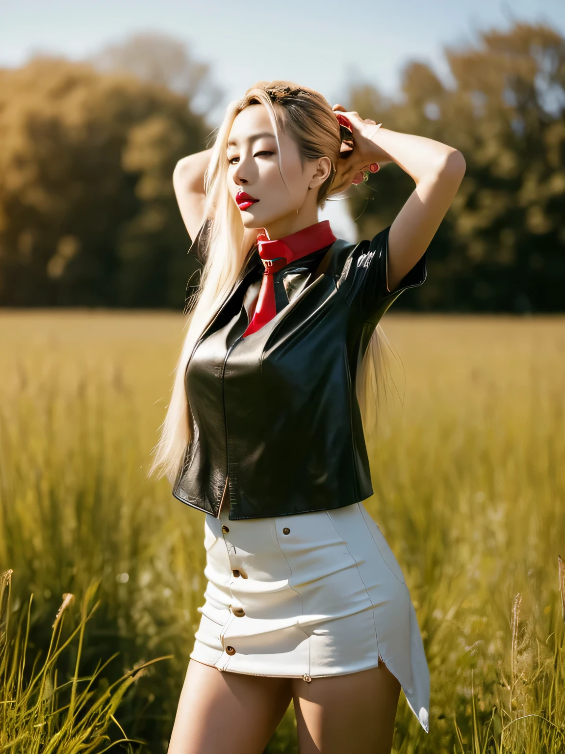 photorealistic,photo of a naked very tall very thin old korean woman with long blonde hair tied up in a bun, 70 inch saggy tits, open long leather shirt, black leather boots with heels, big lips with bright red lipstick, leather collar, long leather gloves, jewelry, very hairy vagina, in a field on a sunny day