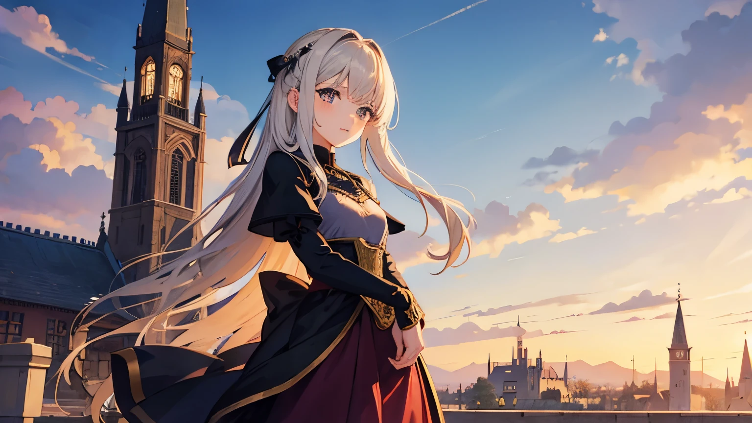 medieval cities，A girl dressed in white sits on the roof，the setting sun，The light from the back window is backlighted。The is very detailed，4k画质，Strong realism。extremy detailed