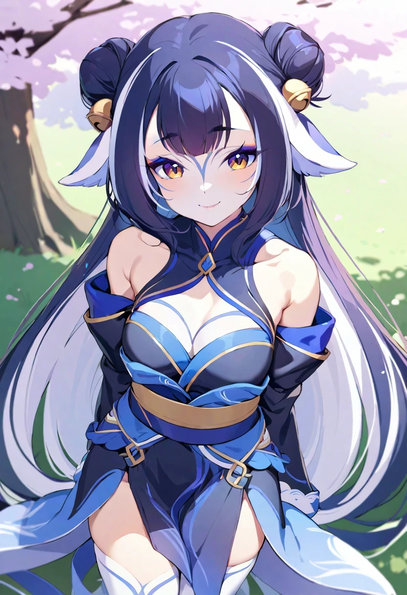 (shylily/(Twich/):1.5),(masterpiece:1.2),(best quality:1.2),, (1girl:1.3), absurdres, perfect anatomy, long hair, double bun, AyameBase, black kimono, hair bell, obi, white thighhighs, bare shoulders, long sleeves, oni mask, mask on head, outdoors, standing, sakura tree, arms behind back, smile
