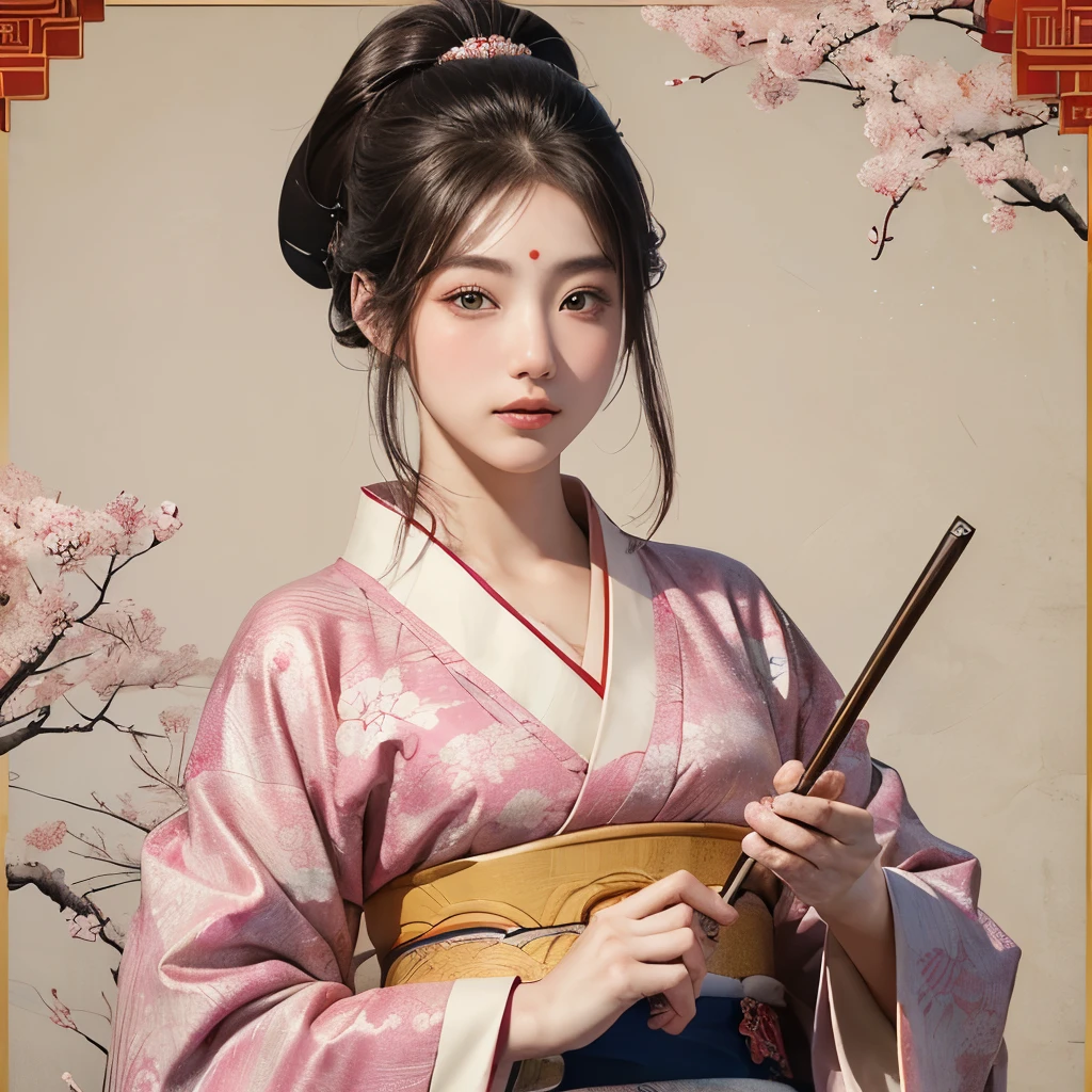 (Masseter membrane、top quality、Ukiyo-e style、mystery、Exquisite beauty、official art、Sharaku:1.2)、(1 girl:1.3)、(Fractal Art:1.3)、Cowboy shooting、White skin、(Beautiful brunette、kimono:1.2)、Set against the backdrop of traditional Japanese performing arts、Colorful、(reel、Belongs to Japanese style:1.2)、