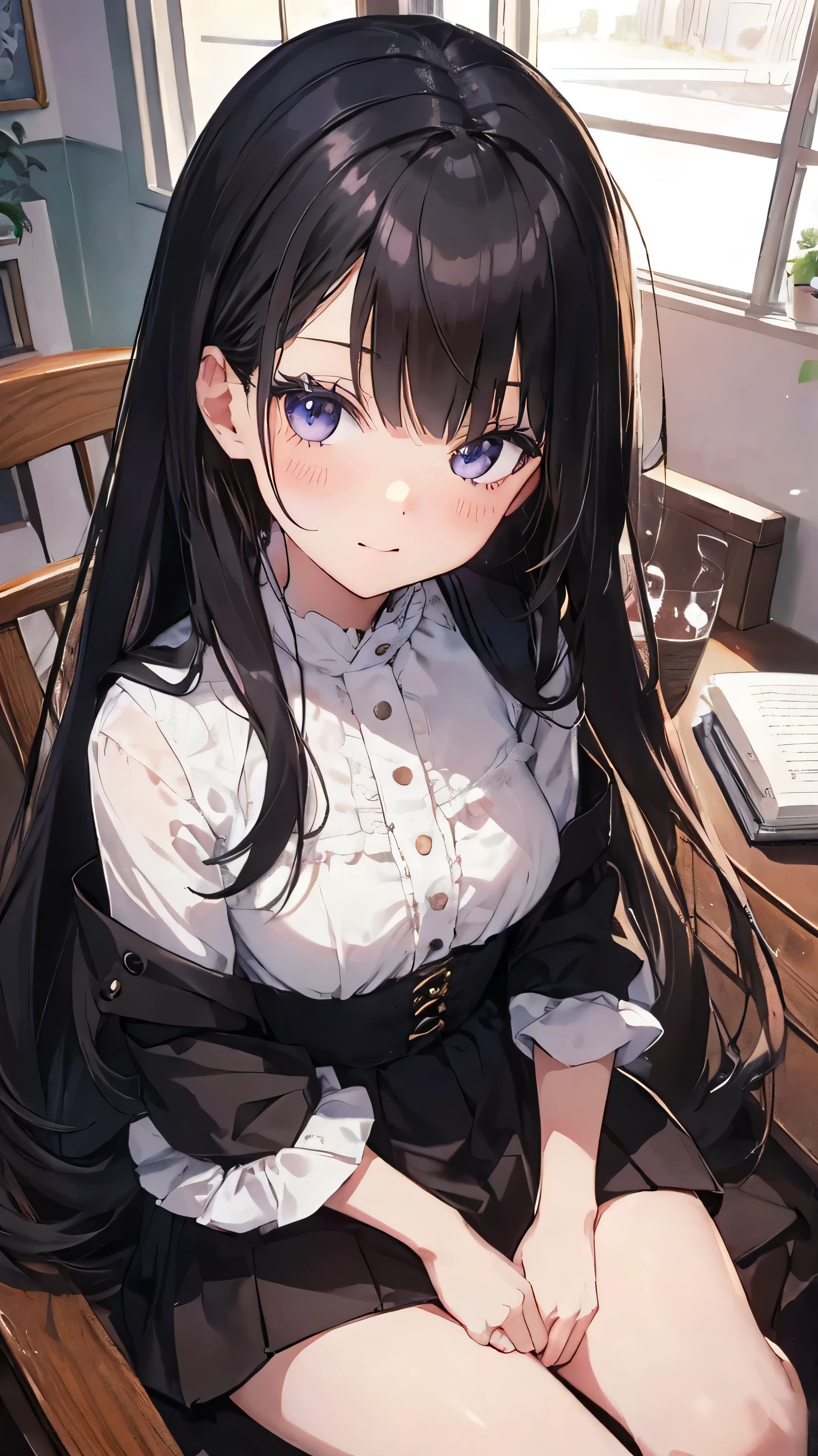 Masterpiece、Highest quality、highest quality、Black Hair、 ((smile))、Shiny hair quality、Small face、Girl、Sitting、Super detailed, beautiful, wide eyes、Ultra-detailed, clear and beautiful faces、(cute illustration:1.2), High-resolution, ultra-detailed, best quality, embarrassed