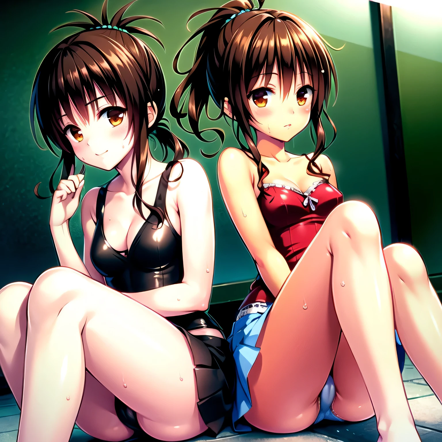 realistically, brown eyes, ponytail, glowing eyes, white short skirt, extra short skirt, Blush, daytime, Wet from the rain, see through, sleeveless shirt, nipples, pussy, crotch, embarrass, Sit with your knees raised, windy, yuki mikan, the skirt is turned up, highest quality, High resolution, highly detailed face, perfect lighting, Very detailed CG, perfect hands, perfect anatomy, Hand open skirt, armpit,