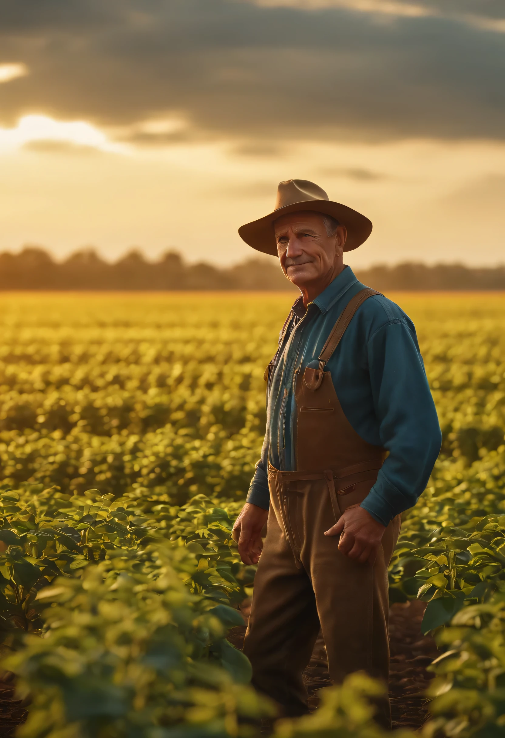50-year-old farmer in the foreground and a soybean plantation in the background. Estilo 3D pixar, imagem aberta. Ultra HD, pele texturizada, 16K, detalhes altos