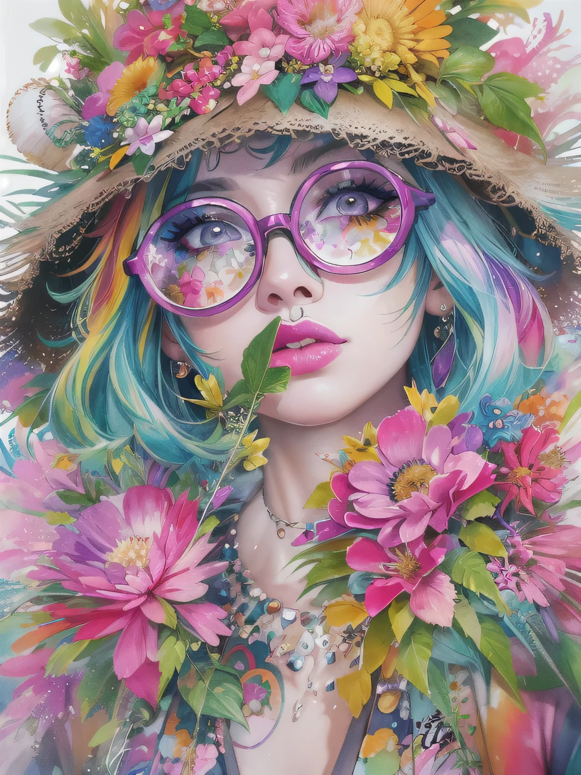 8K quality, Sylvia Pelissero watercolors, intense watercolor, watercolor detailed art, watercolor splash, surreal, avant-garde pop art, Beautiful and expressive paintings, Beautiful artwork illustration, very colorful tones, wonderful, cool beauty, highest quality,official art, vector art,stylish design, (((The strongest beautiful girl of all time))), (((Japanese))、Idol、clear, stylish glasses, Fashionable hats, (((highest quality))), bob hair, lips in love, HDR, ((Detailed details)), stylish fashion, detailed clothing texture, (((graffiti art))), colorful hair, ((masterpiece))、((Super detailed))、(((colorful flowers)))、
