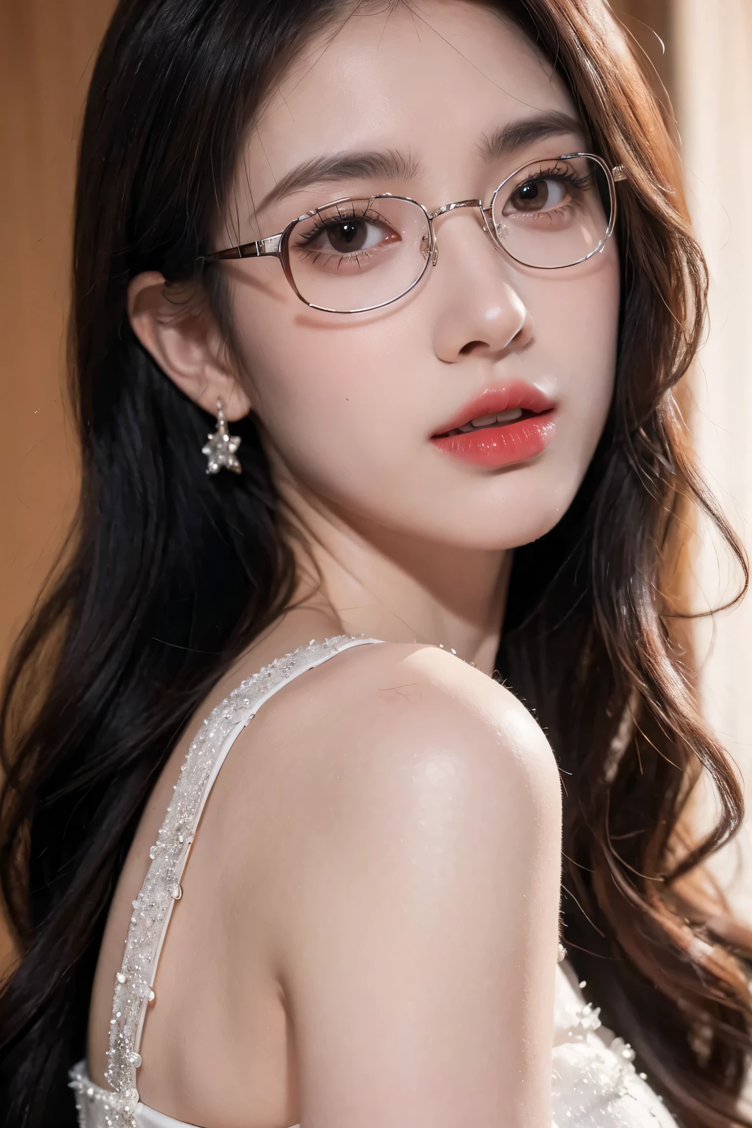 Top CG, Highest image quality, masterpiece, Gentle beautiful girl, (185cm美女), (fit), Imperial sister, Queen temperament, White skin, ((Long legs)), perfect facial features, Bright Eyes, Seductive pose, Red lips, Beautiful and cold (A major breakthrough)), Beautiful and heroic, Soft and long hair, sparkling, Lace, net, Visible through clear skin, wear glasses, diamond earrings, ruby neckLace, (evening dress), 8K Image Quality, (Realistic Portraits), Characters fill the screen, (Facial lighting), ((Everlasting)