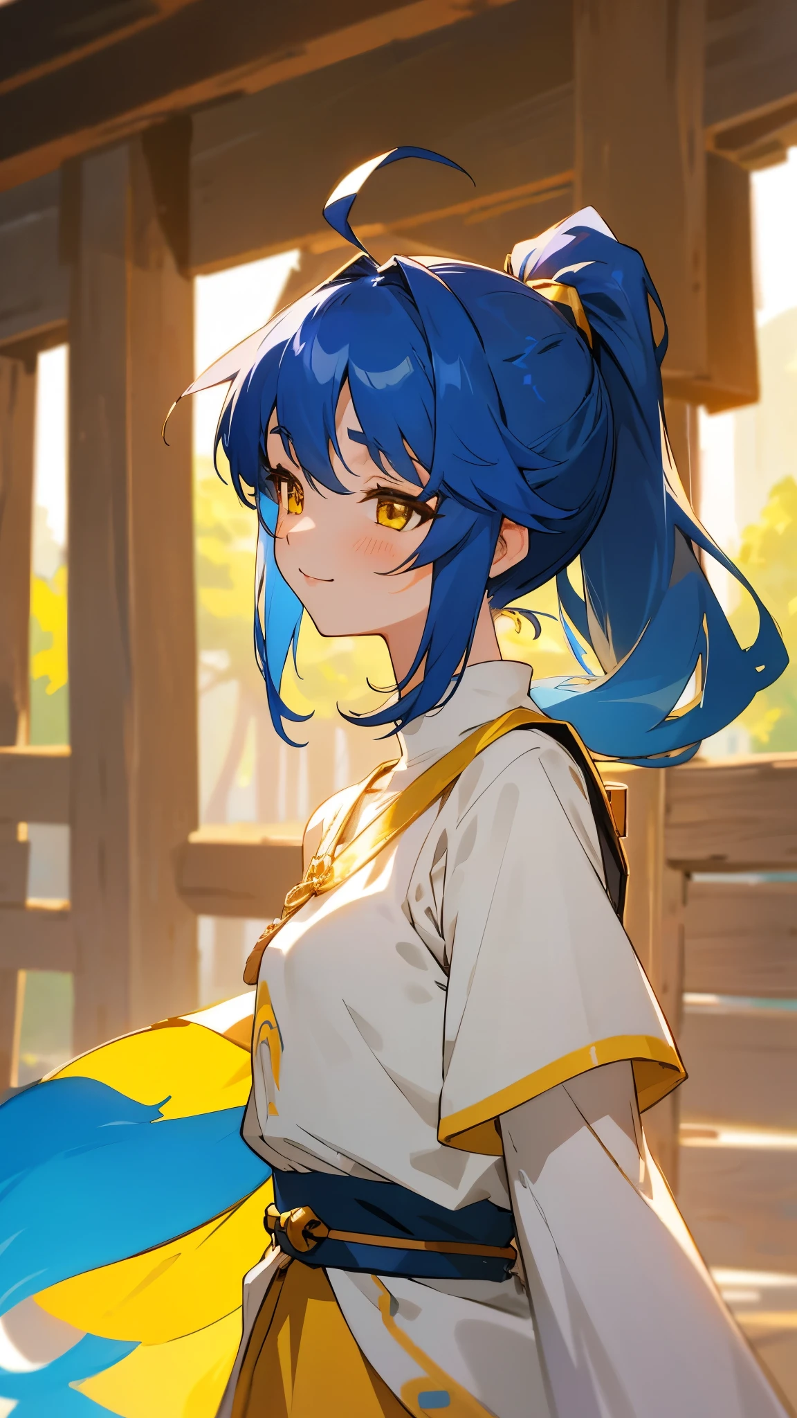 1 Girl、Anime-style paintings、Small breasts、Ultramarine Hair、ponytail、shining yellow eyes、Bangs between the eyes、Ahoge、From the side、 Yellow peasant tunic、 skirt、Upper body close-up、 smile、rustic village