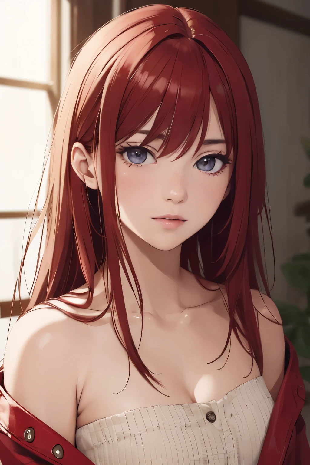 2d, sketch art, one anime woman, sad, red hair, busty, medium breasts, cleavage, POV, close up, nightgown, (detailed eyes, beautiful eyes), ((blue eyes)), bedroom