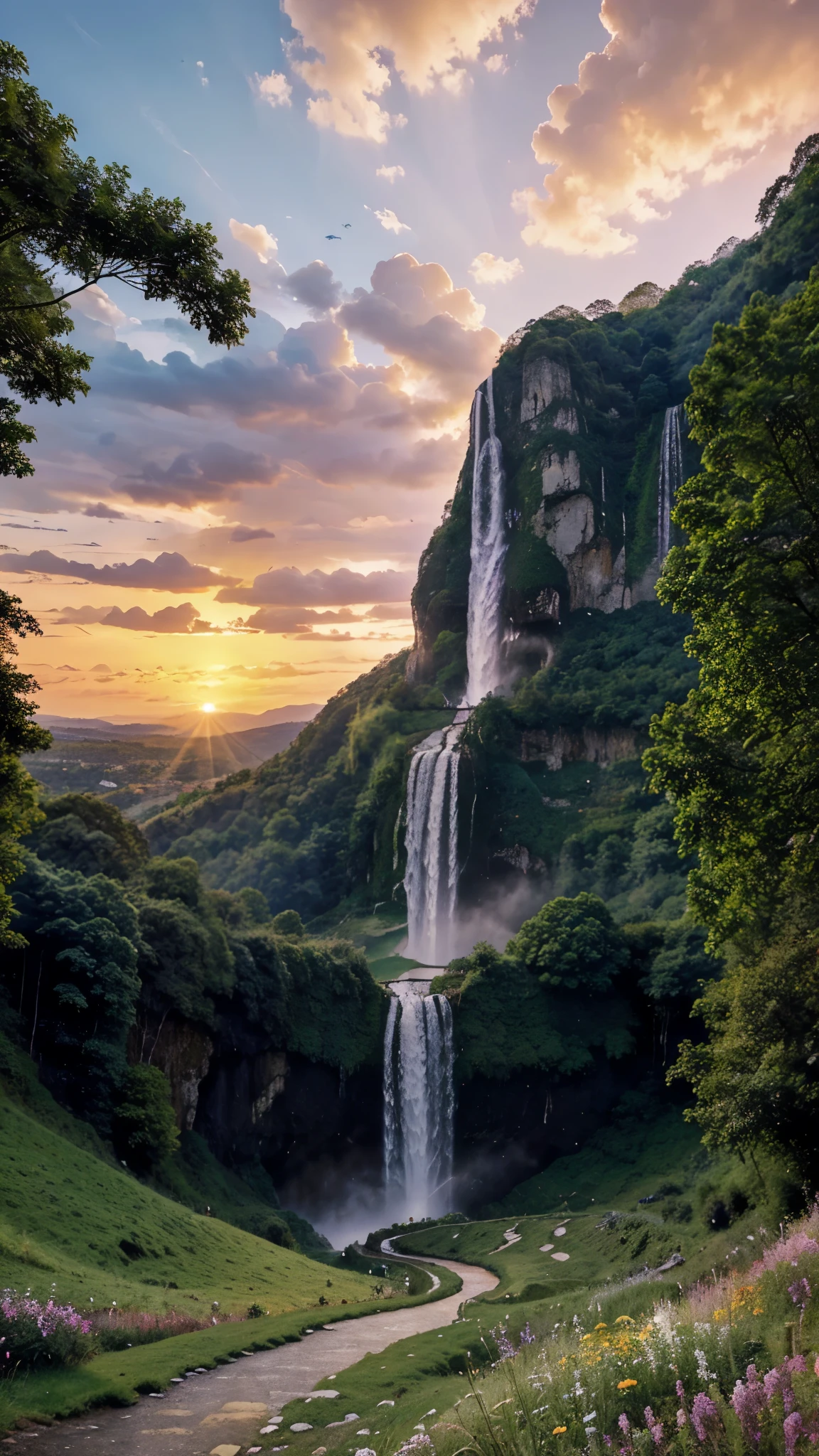 a breathtaking landscape featuring a tall, majestic waterfall cascading down a lush green cliff, with a vibrant sunset painting the sky in hues of purple, pink, and orange. A winding path through green fields leading towards the waterfall should also be included.
