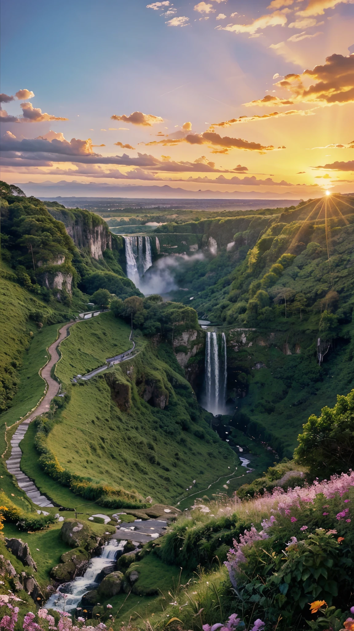 a breathtaking landscape featuring a tall, majestic waterfall cascading down a lush green cliff, with a vibrant sunset painting the sky in hues of purple, pink, and orange. A winding path through green fields leading towards the waterfall should also be included.