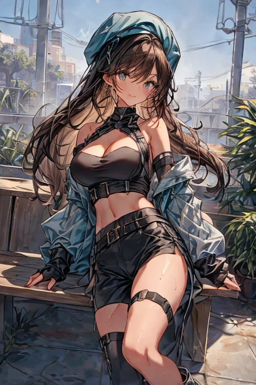 (higher resolution, distinct_image) The best quality, a woman, masterpiece, highly detailed, semi realistic, 26 years old, beautiful, young, handsome, interlaced white blue dress, small gem necklace on neck, exterior, cafe seat, window, sitting, afternoon, blush, smiling,ubel,dark green hair,long hair,side ponytail,hair between eyes,bangs, BREAK (beret, black jacket, open clothes, cleavage, midriff, black shorts, black thighhighs, thigh strap, fingerless gloves, single glove:1.2), Photo,sharpness, F1.6 lens,hyper-realistic textures,spectacular light textures, Cinestil 800 Fashion Mechanics,(((Beautiful woman with left leg restrained and hung by chains))),Appearance,Beautiful girl with accentuated slender abs: 1.1,six-pack abs: 1.1, Bust Botox,Standing on tiptoe, long legs,Long brown hair fluttering in the wind,Brown hair, Long hair, Female Warrior Costume,(No panties,No bra),(tacticul battle fashion,elbow and knee cyberpad, cyberglove: 1.1),((beautiful costume)),The belly comes out and the navel is visible,Thin sheer costume, combat gloves,shredded costumes,cyber long combat boots with golden knee pads,Anatomical,(futuristic sci-fi battle fashion, new elbow and knee cyberpads, new cyberlong boots, new cybergloves: 1.1),((straddling the gundom shields and battle rifel)),(tied perfectly by iron chain), Restraint, Slave, collars, contempt, (Chained), 4 chains hung from heaven, Metallic shackles and fetters, wet crotch clearly visible,((Hands are restrained above the head)), the neck is chained,Chain from left knee to heaven,Chained by rusty iron chains,((the tip is protruding, areolas protruding,The shape of the pubic area is clearly visible)),Sweating,Wet,Wet crotch,Wet thighs,bloods,Junkyard, Realistic, (cute, perfect clothes, skimpy clothes, cute: 1.3) ,Vast prison,((wide hospital with sunlight)), peeling ceilings, Rebar between, Realistic material details, Extreme details, Ultra-realistic materials,narrow waist,(with sparkling eyes and a contagious smile),looking
