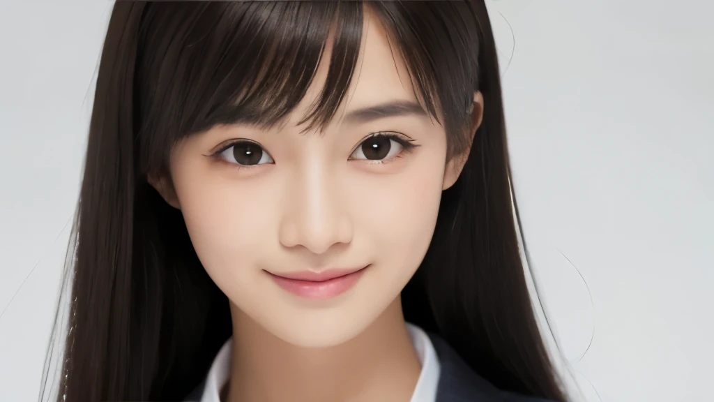 (Realistic: 1.4), (highest quality: 1.4), (Fine grain), Full body shot, ((White background)), ((Watching the audience)), ((1 female university student)), Black Hair, ((suit)), Wide eyes, Blushed face, smile, Highly detailed face and skin texture, Healthy Skin, 8k resolution