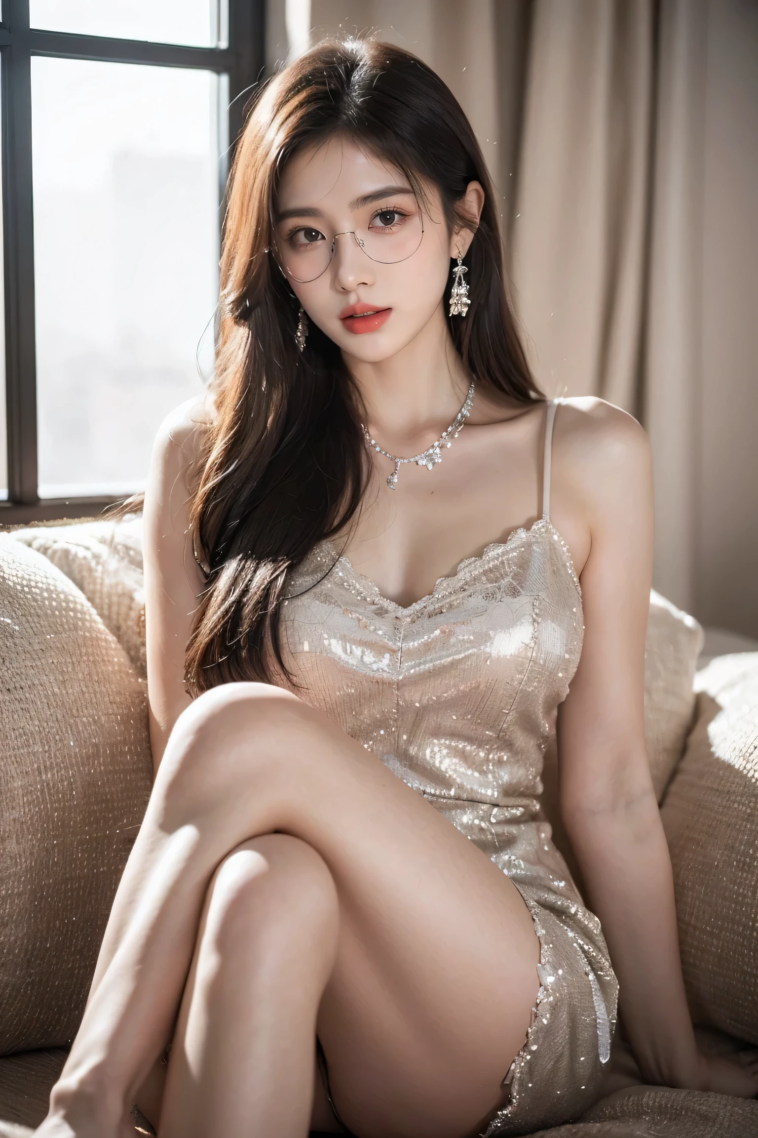 Top CG, Highest image quality, masterpiece, Gentle beautiful girl, (185cm美女), (fit), Imperial sister, Queen temperament, White skin, ((Long legs)), perfect facial features, Bright Eyes, Seductive pose, Red lips, Beautiful and cold (A major breakthrough)), Beautiful and heroic, Soft and long hair, sparkling, Lace, net, Visible through clear skin, wear glasses, diamond earrings, ruby neckLace, (evening dress), 8K Image Quality, (Realistic Portraits), Characters fill the screen, (Facial lighting), ((Everlasting)