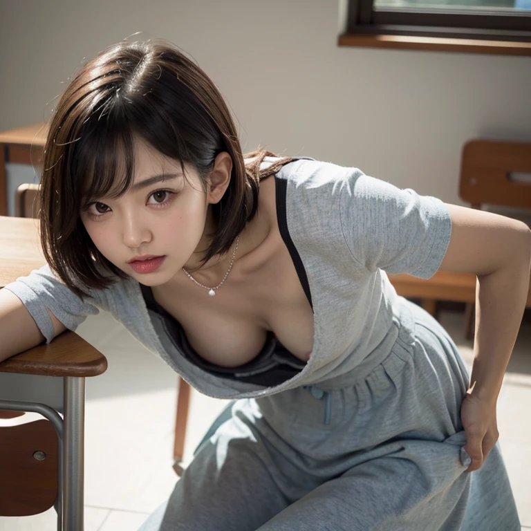 Down blouse, One super cute girl, munechira, (((Small, well-shaped breasts))), avert your eyes, Bend down to write a note, From the side, Long skirt, close, necklace, In the classroom, A fine bra with cute decorations, Overlap T-shirt, Nipples are visible between the bra cup and breast, short hair, 8k, highest quality, masterpiece, Ultra-high resolution, (realism: 1.4), Original photo, (Real skin texture: 1.3)