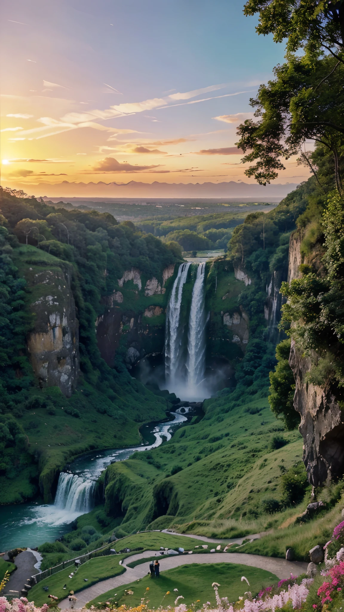 a breathtaking landscape featuring a tall, majestic waterfall cascading down a lush green cliff, with a vibrant sunset painting the sky in hues of purple, pink, and orange. A winding path through green fields leading towards the waterfall should also be included.