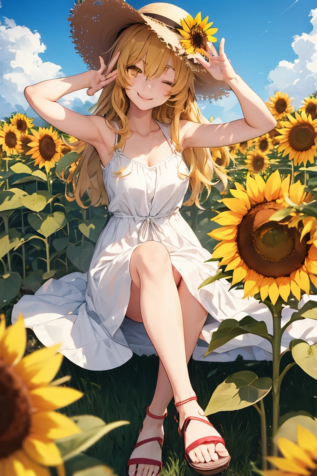 kirisame marisa，White Dress，Straw hat，Sandals，sleeping face，A carefree smile，With a smile，sunny，Summer Dating，Beautiful yellow eyes，One-eyed wink，sunflower，sunflower field，front，Peace sign with one hand，energetic pose， (girl１name)